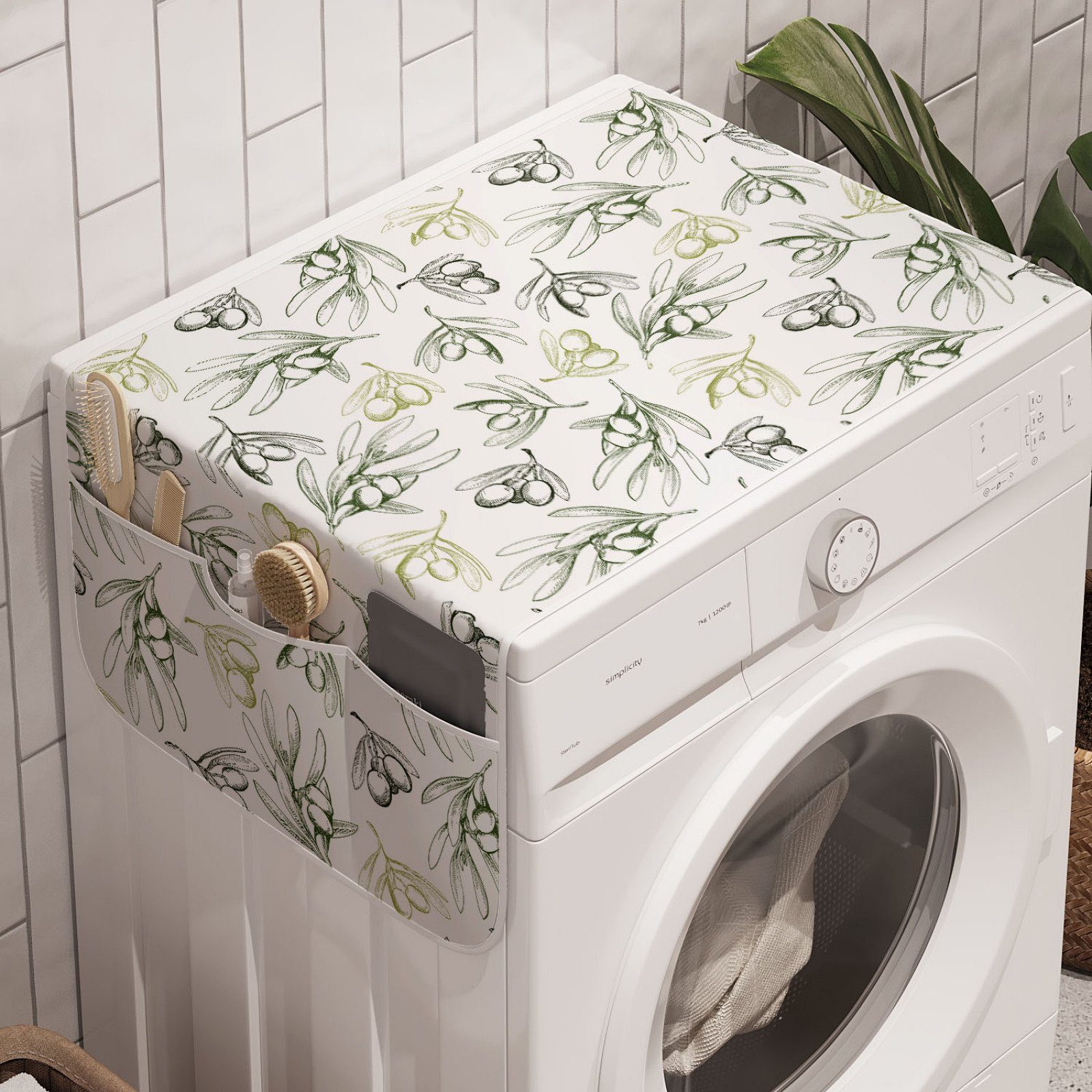 Abakuhaus Badorganizer Anti-Rutsch-Stoffabdeckung für Waschmaschine und Trockner, Olive Sketch Umrißzeichnungen