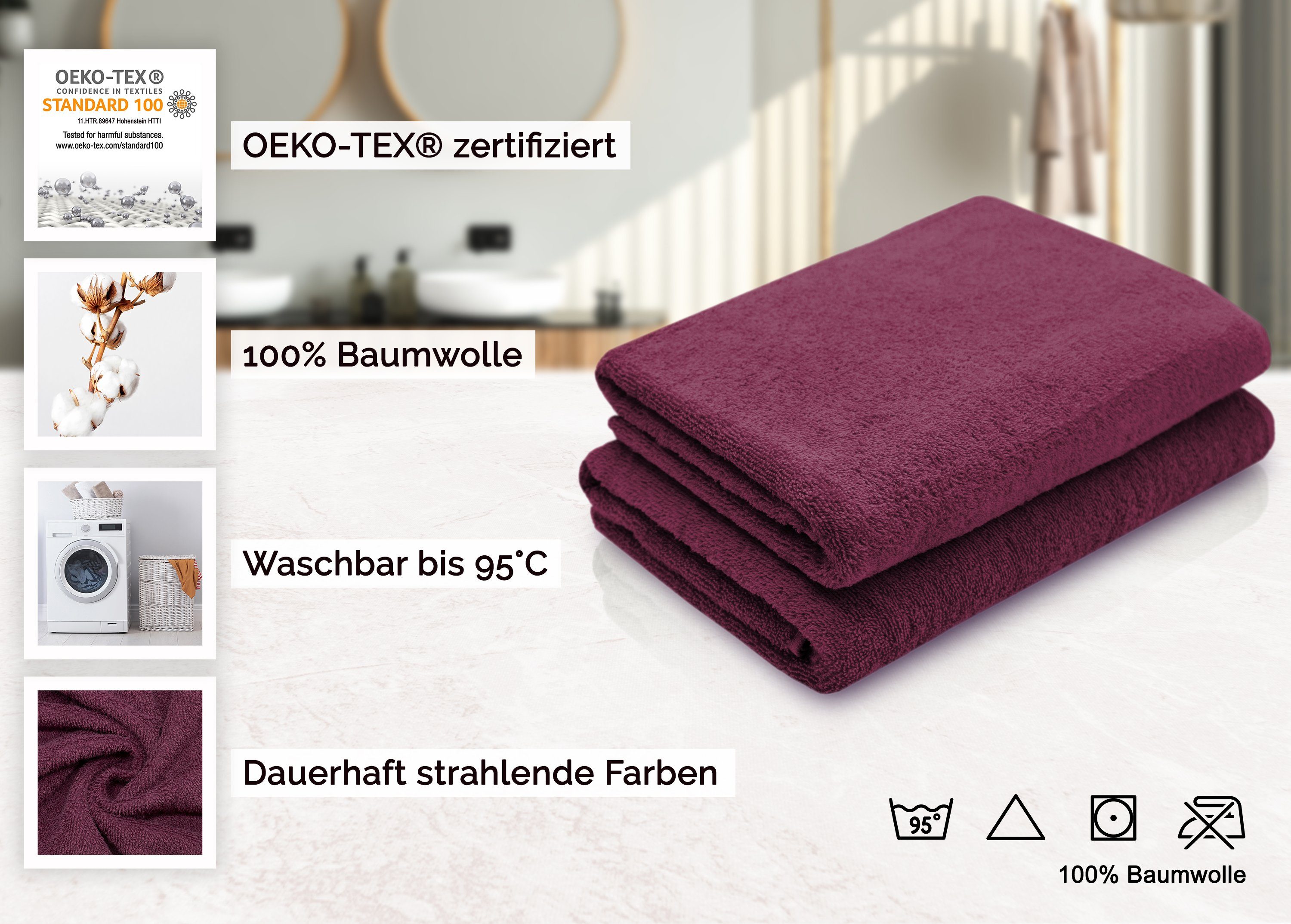 Baumwolle, (2-St), brombeer waschbar Farben 140 alle Duschtücher, x ZOLLNER 70 100% bis Walkfrottier 95°C cm,