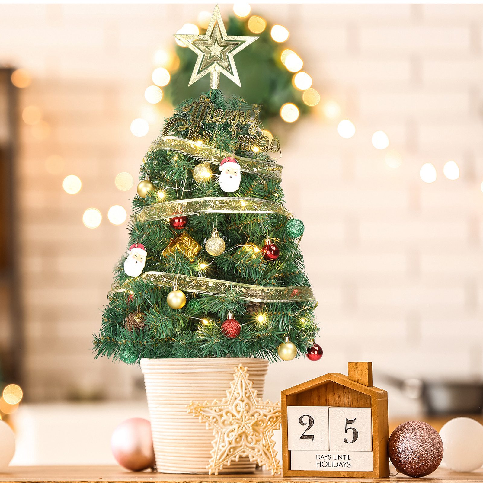 LALAHO Künstlicher Weihnachtsbaum 60cm Tisch-Weihnachtsbaum mit 30 warmweißen LEDs, Mini Künstlicher Tannenbaum 70 Zweige mit Ornamenten, für Indoor