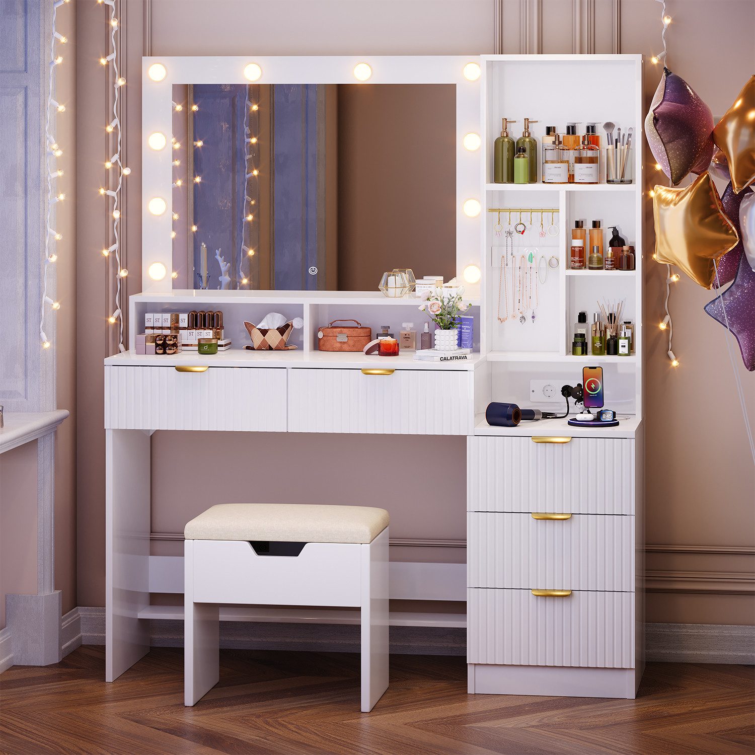 Furnicopia Schminktisch Einstellbare LED-Beleuchtung Fünf Schubladen und sieben Staufächer (Abmesungen 114x 40 149 cm Der Schminktisch verfigt ber zwel europalsche Steckdosen, enen USB-Anschluss, enen Typ-C-Anschluss und zwoif Schmuckhaken)