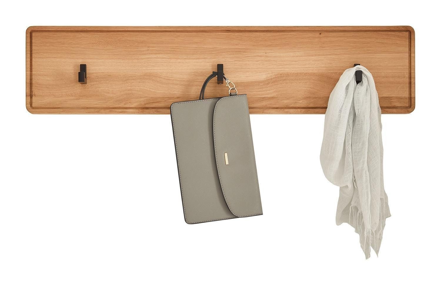 G+K Möbelvertriebs GmbH Wandgarderobe KM-0663, Schwarz, Metall, Wildeiche massiv geölt, 3 Kleiderhaken, B 80 x H 18 x T 6 cm
