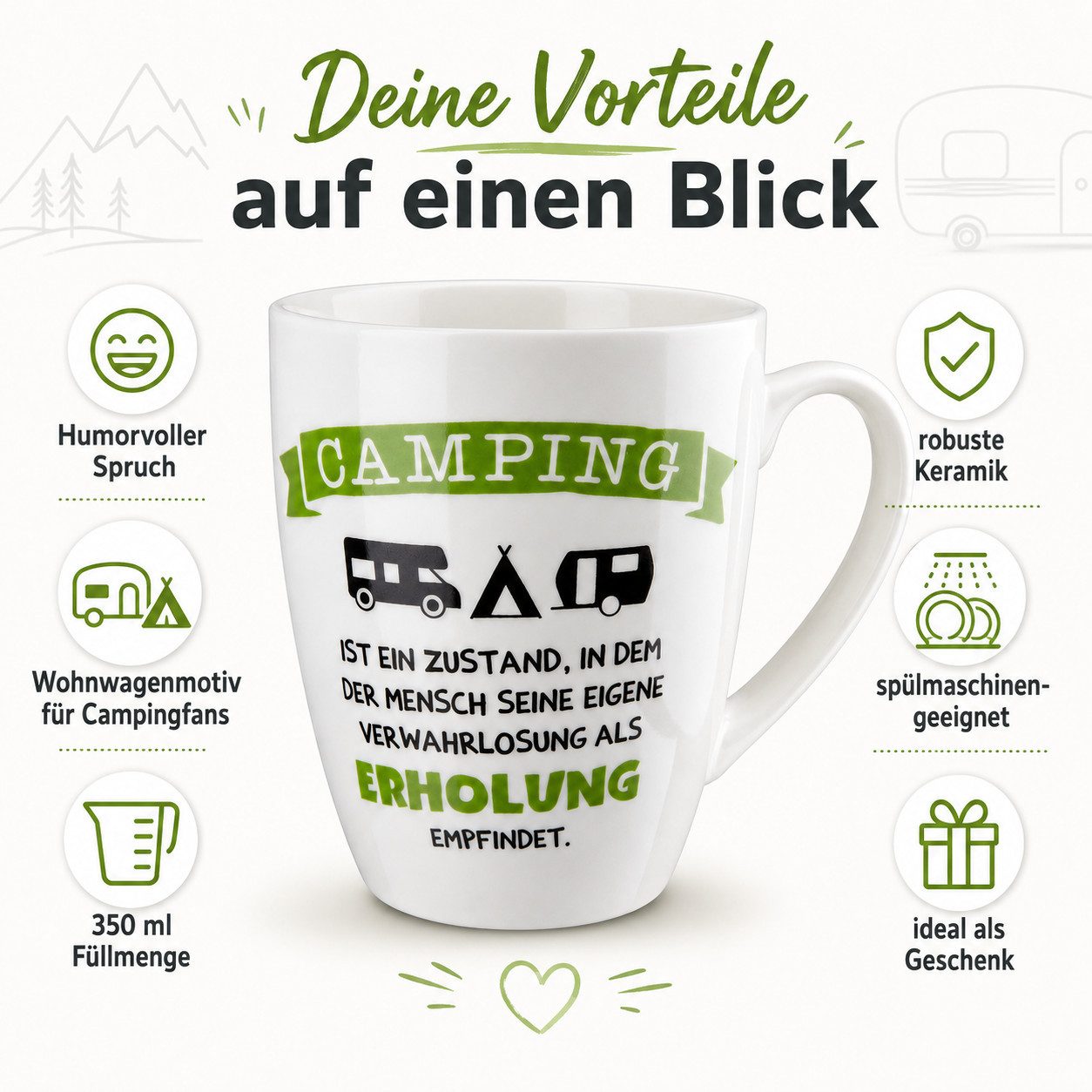 GILDE Tasse Camping Tasse mit Spruch 350 ml Keramik Becher Wohnwagenmotiv, 1-tlg., Porzellan