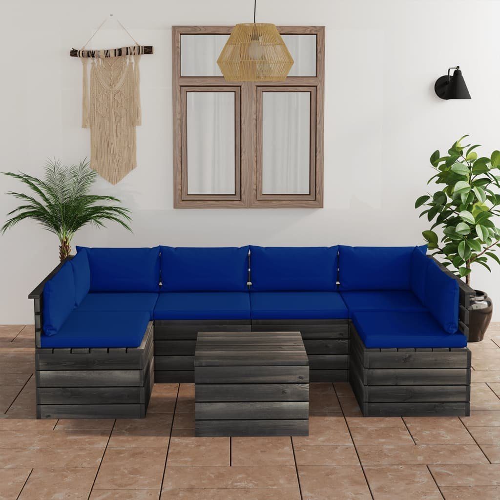 vidaXL Gartenlounge-Set 7-tlg. Garten-Sofagarnitur aus Paletten mit Kissen Kiefernholz, (7-tlg) Blau