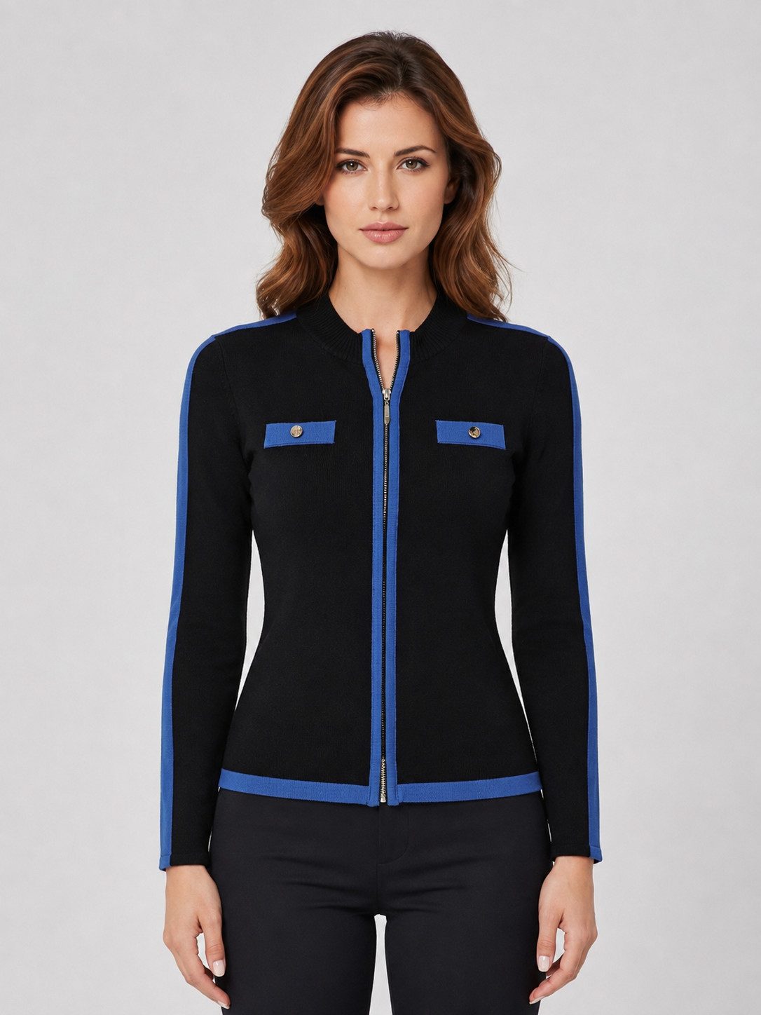 Passioni Strickjacke in Schwarz mit blauen Details und Reißverschluss