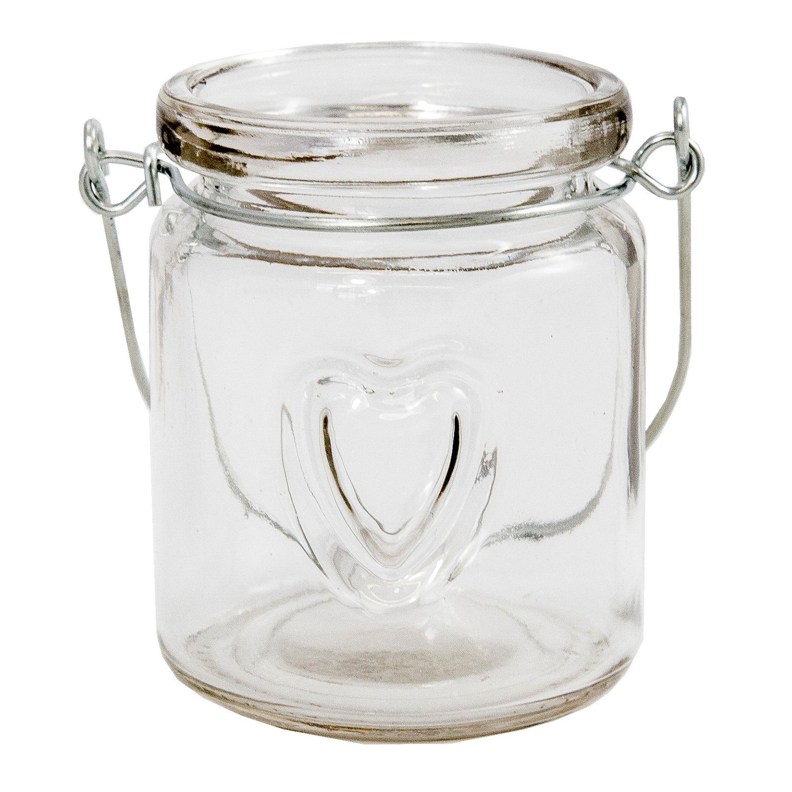 Annastore Windlicht 12 x Windlichter aus Glas mit Herz und Henkel klar (H 8 cm, Ø 6 cm, Hängeteelichhalter), kleine Teelichtgläser zum Hängen und Stellen, Teelichthalter