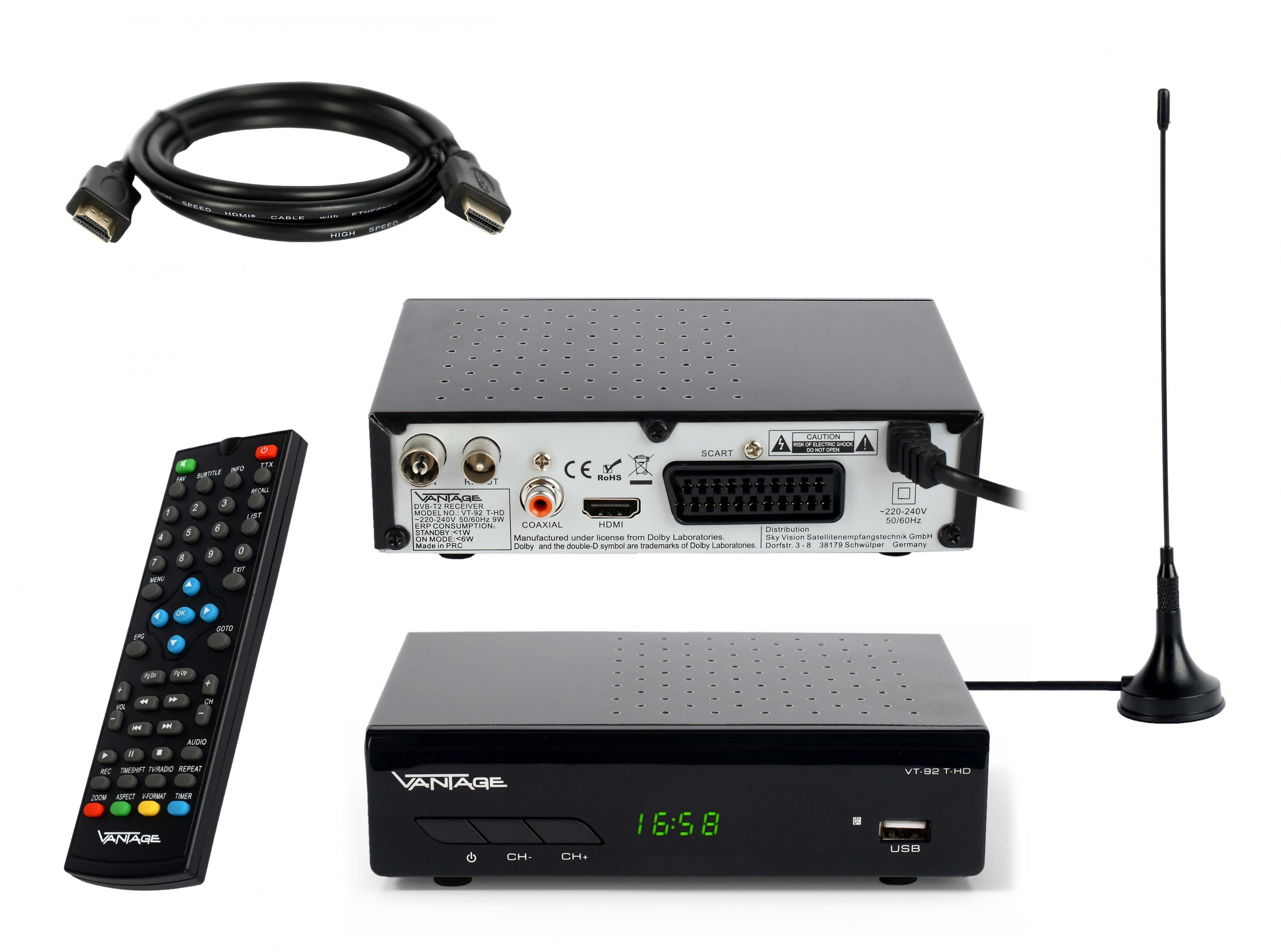 Vantage VT-92, Full HD DVB-T2 HD Receiver (2m HDMI Kabel, aktive DVB-T2 Antenne)