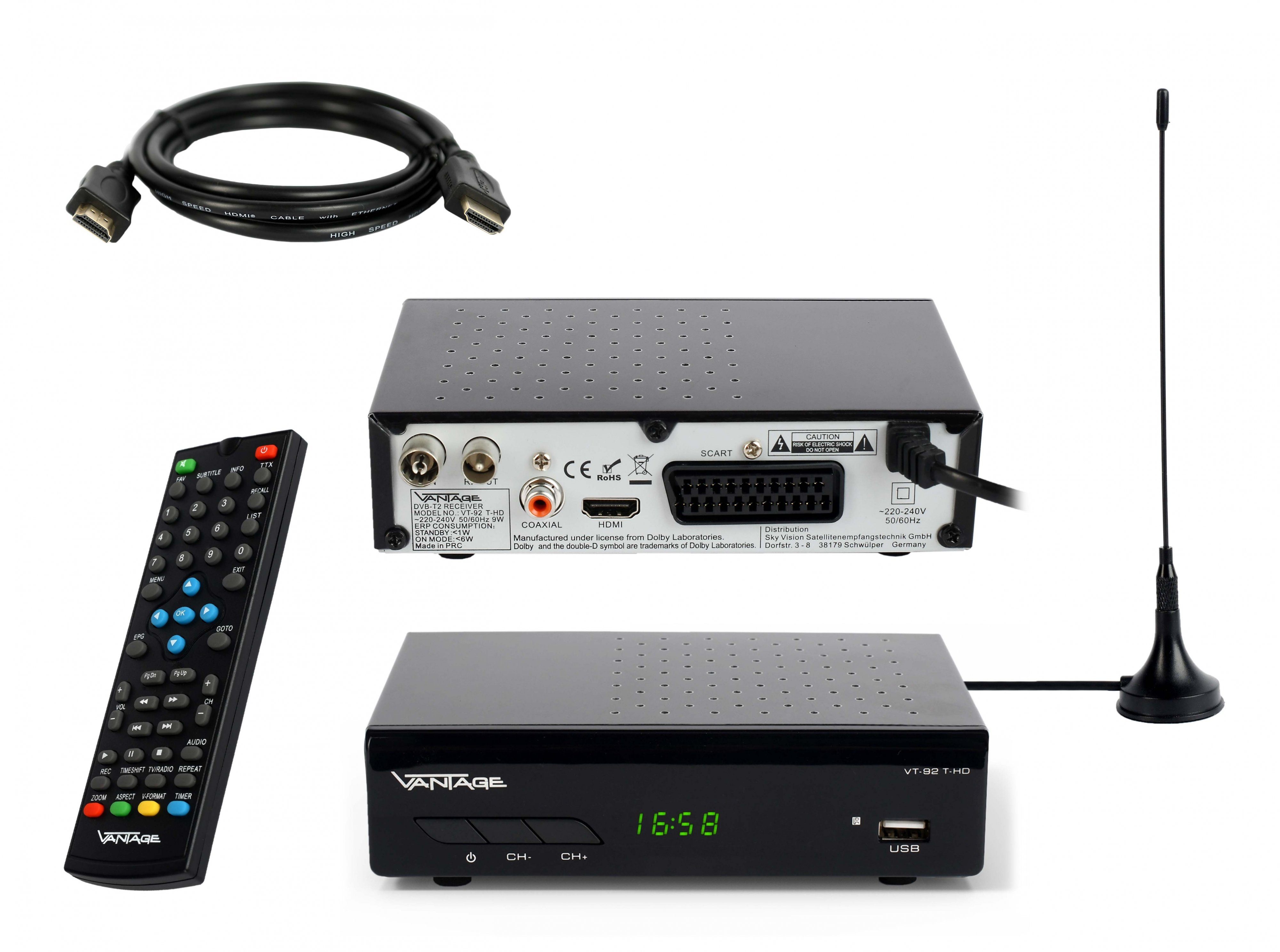 DVB-T2 HD Vantage VT-92, (2m aktive HDMI Full HD Kabel, Antenne) Receiver DVB-T2