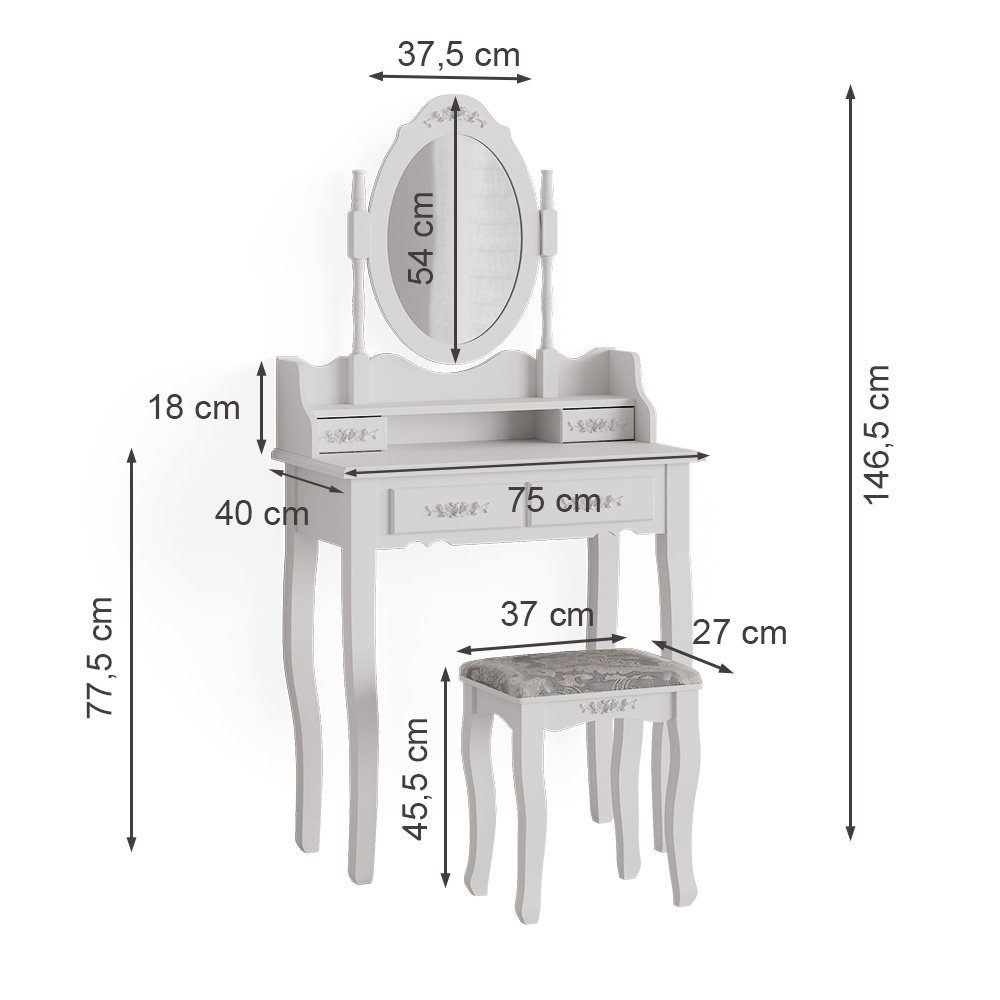 Vicco Schminktisch Meghan, Weiß, 75 cm mit Hocker (2-St)