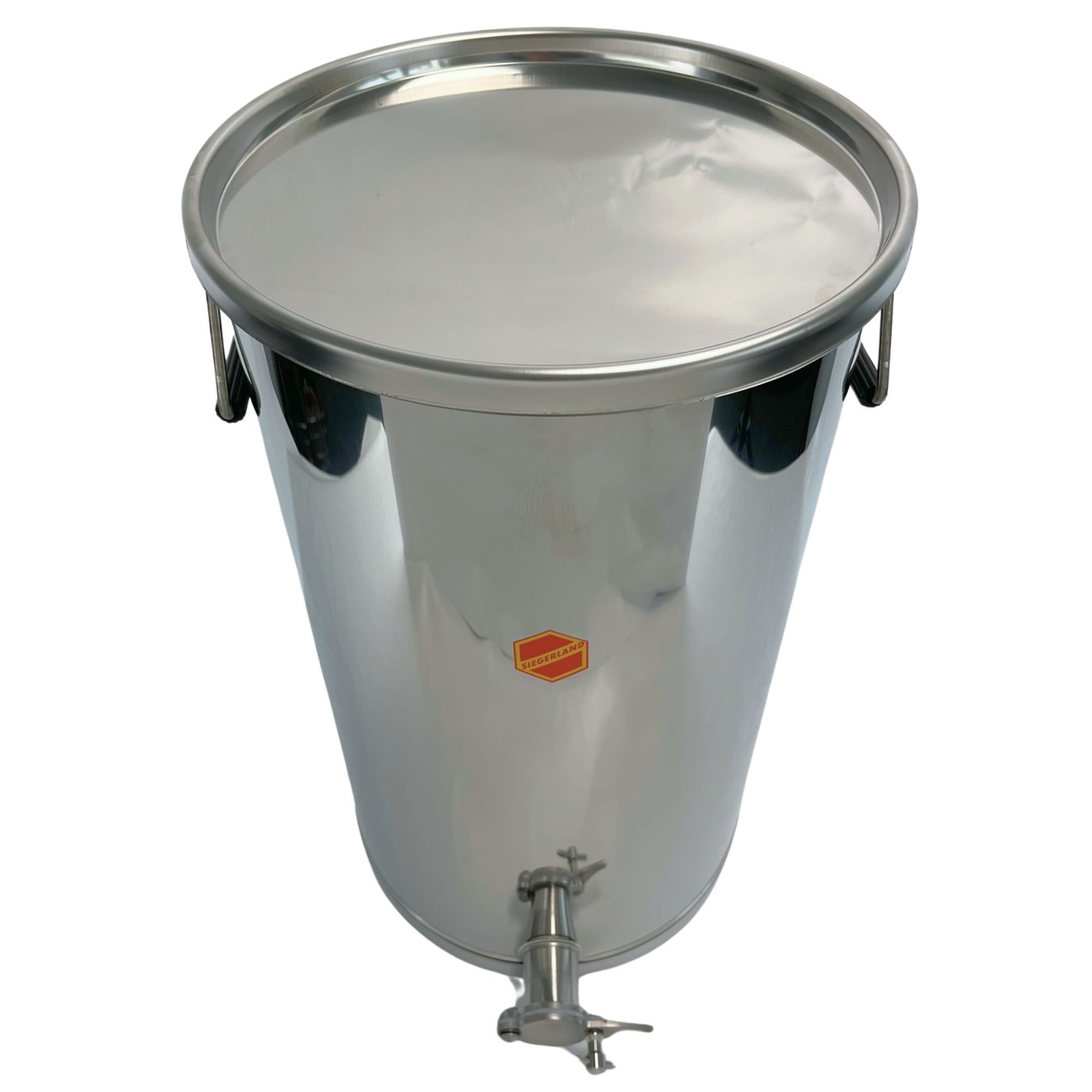 Siegerland Aufbewahrungssystem 50A 50kg Abfüllbehälter aus Edelstahl mit Auflagedeckel, Markenhonighahn mit Nylondichtung