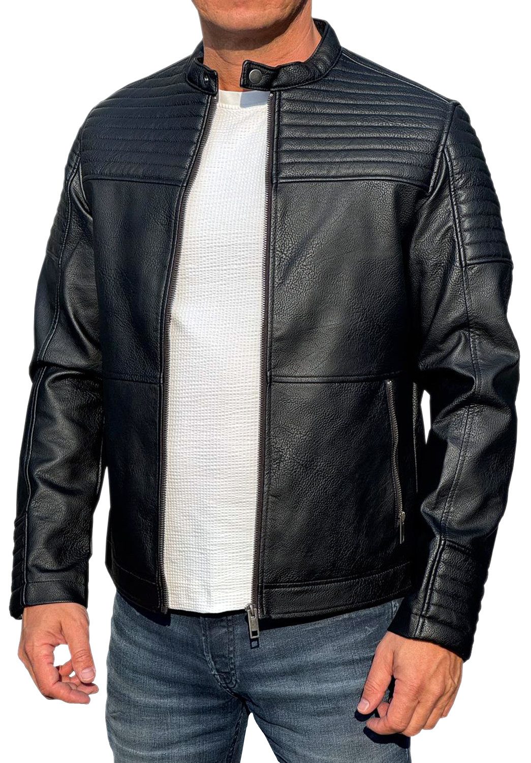 Jack & Jones Bikerjacke hochwertige Slim Fit Kunstlederjacke mit Steppmuste günstig online kaufen