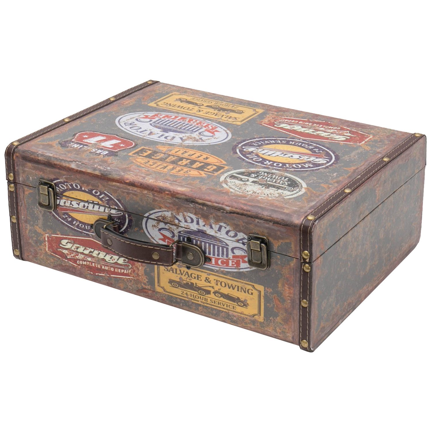HMF Aufbewahrungsbox Vintage Koffer Holz, Aufbewahrungsbox mit Deckel und Ledergriff als (2er Set), Geschenkidee für Hochzeit oder Geburtstag, Garage, 38 + 44 cm
