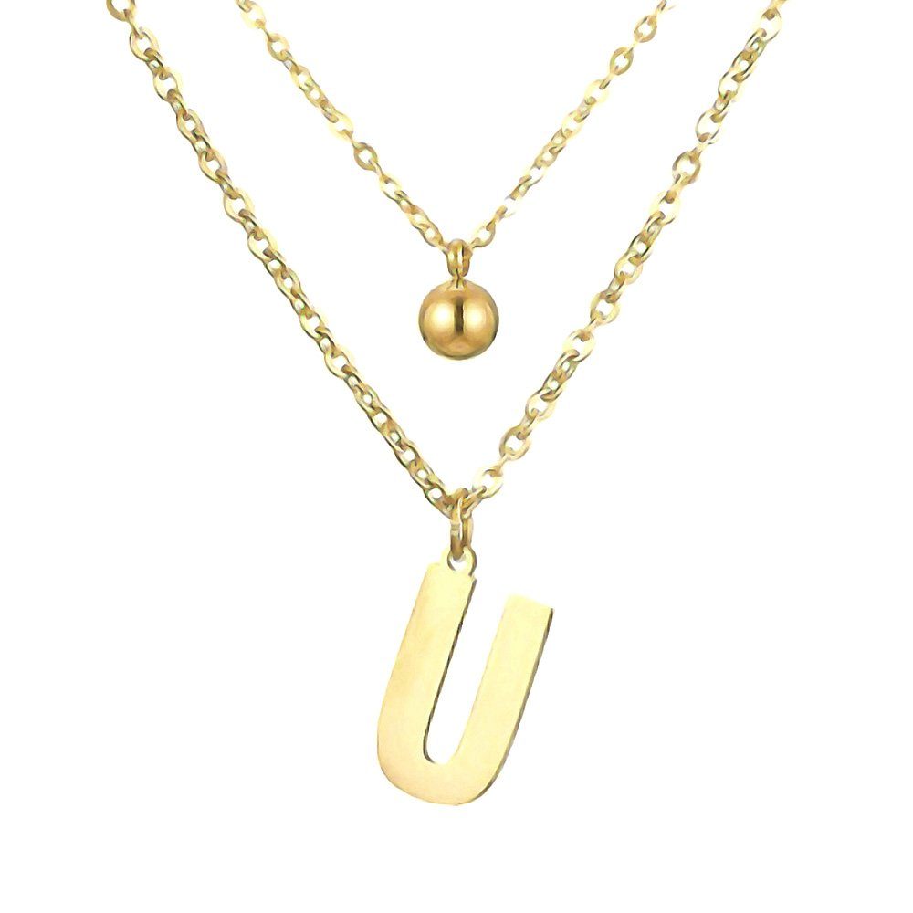 BUNGSA Kette mit Anhänger Doppel-Kette Buchstaben "U" Kugel Anhänger Gold Edelstahl Damen (1-tlg), Halskette Necklace