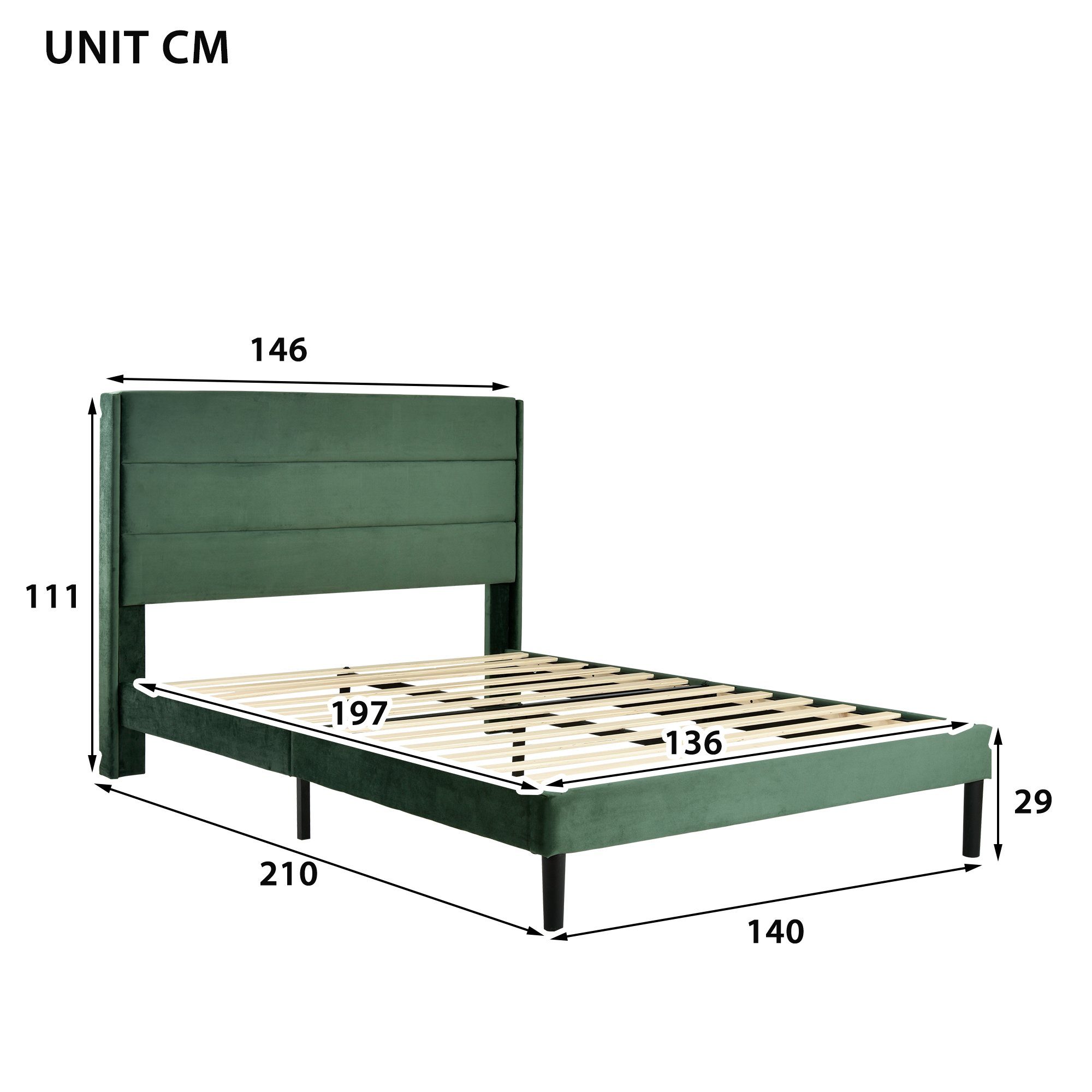 Polsterbett, 140 x 200 cm Doppelbett Ehebett mit Lattenrost & Kopfteil, Samt