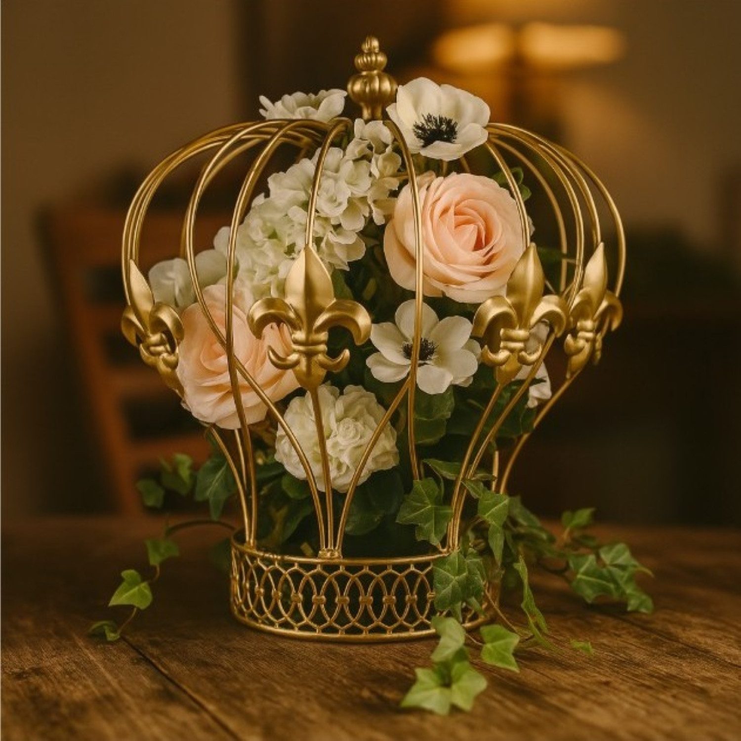 Online-Fuchs Dekofigur - goldene Krone zum Dekorieren mit LED-Kerzen, Blumen bepflanzen (27 cm groß, Lilien Wappen), ideal um ganzjährig immer wieder umzudekorieren