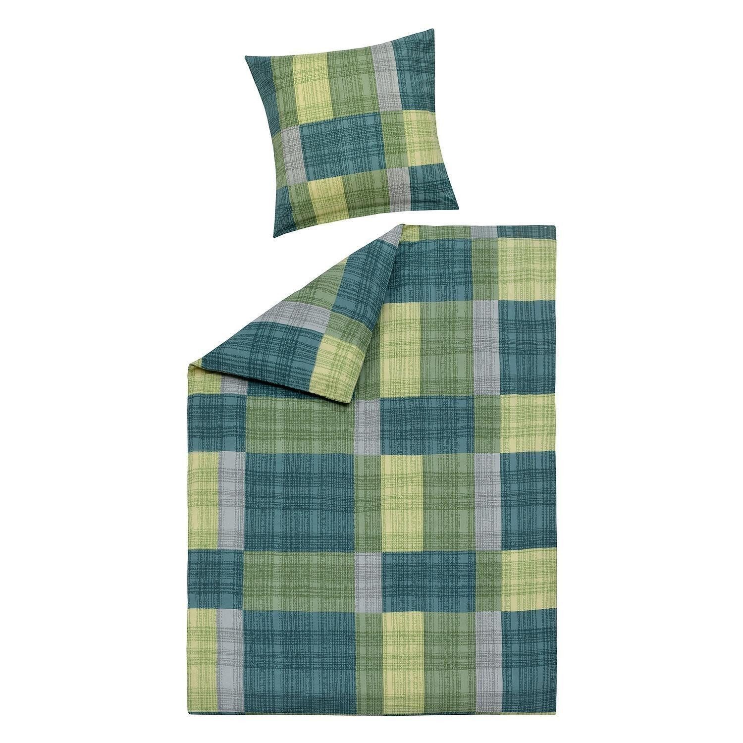 casa NOVA Постельное белье JOSIE, 135 x 200 cm, Grün, Grau, Karos, Mischgewebe, 2 teilig, mit Reißverschluss