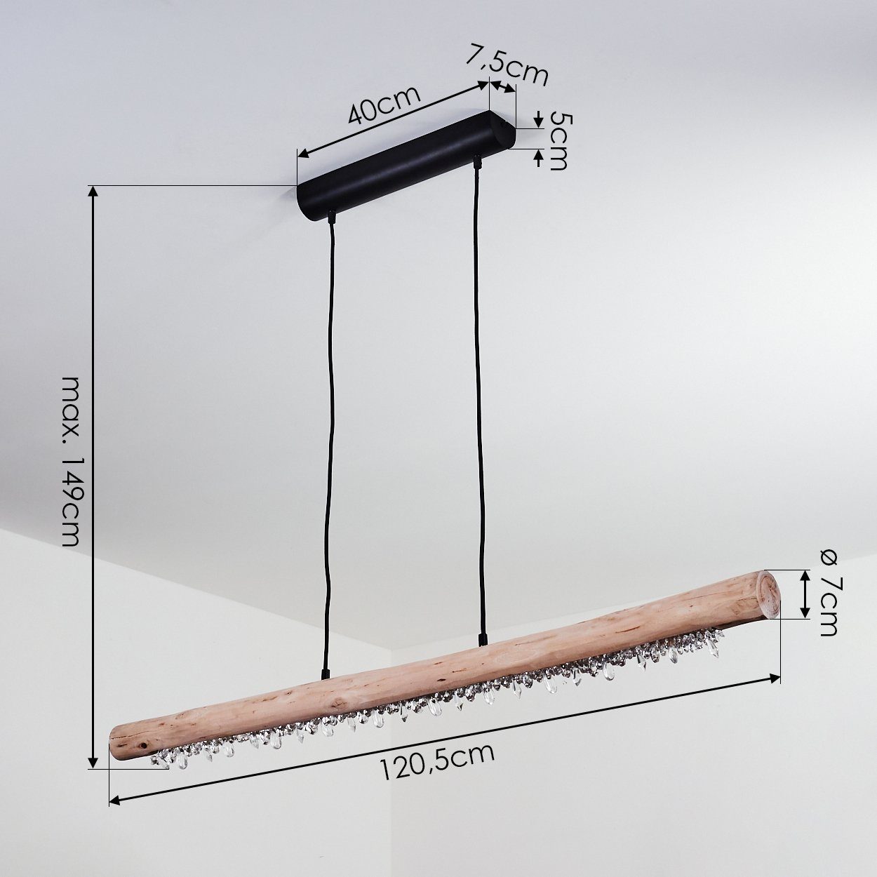 hofstein Pendelleuchte »Lipusa« Hängelampe länglich aus Metall Schwarz und Holz, 3000 Kelvin, 1xLED 20 Watt, 2000 Lumen, über herkömmlichen Lichtschalter dimmba – Bild 4 von 5