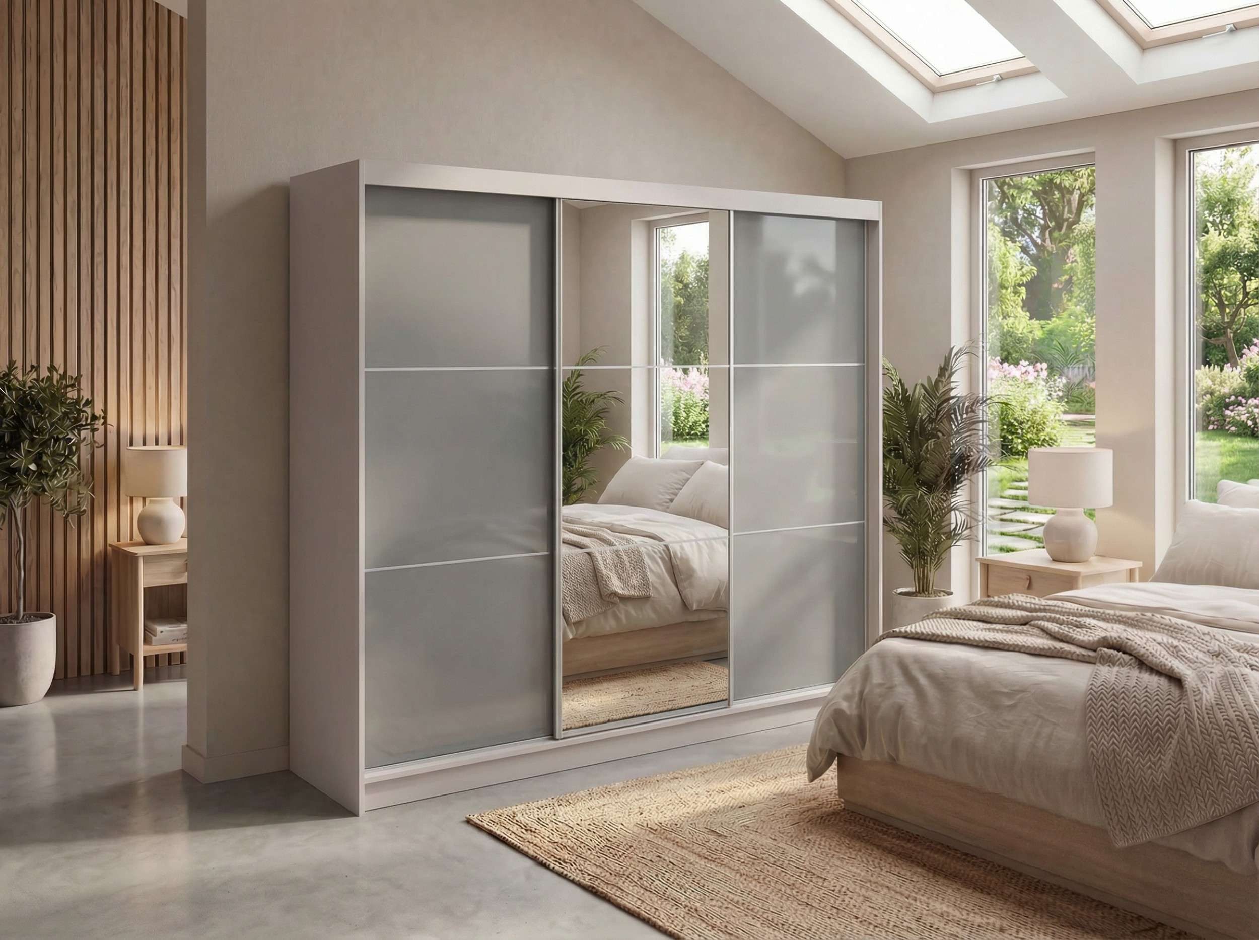 MKS MÖBEL Schiebetürenschrank WALENCJA 240 (Schwebetürenschrank mit Spiegel und Lacobel, Wäscheschrank) Schlafzimmerschrank mit/ohne Schubladen, 216 cm hoch, 61 cm tiefe