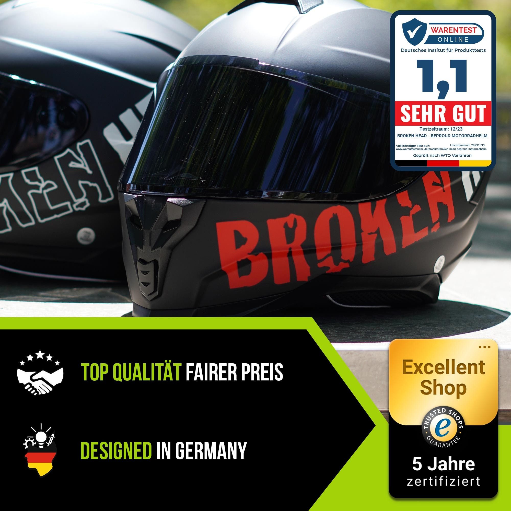Broken Head Motorradhelm BeProud Sport Rot (Mit Schwarzem Visier), Hochwertiges Design