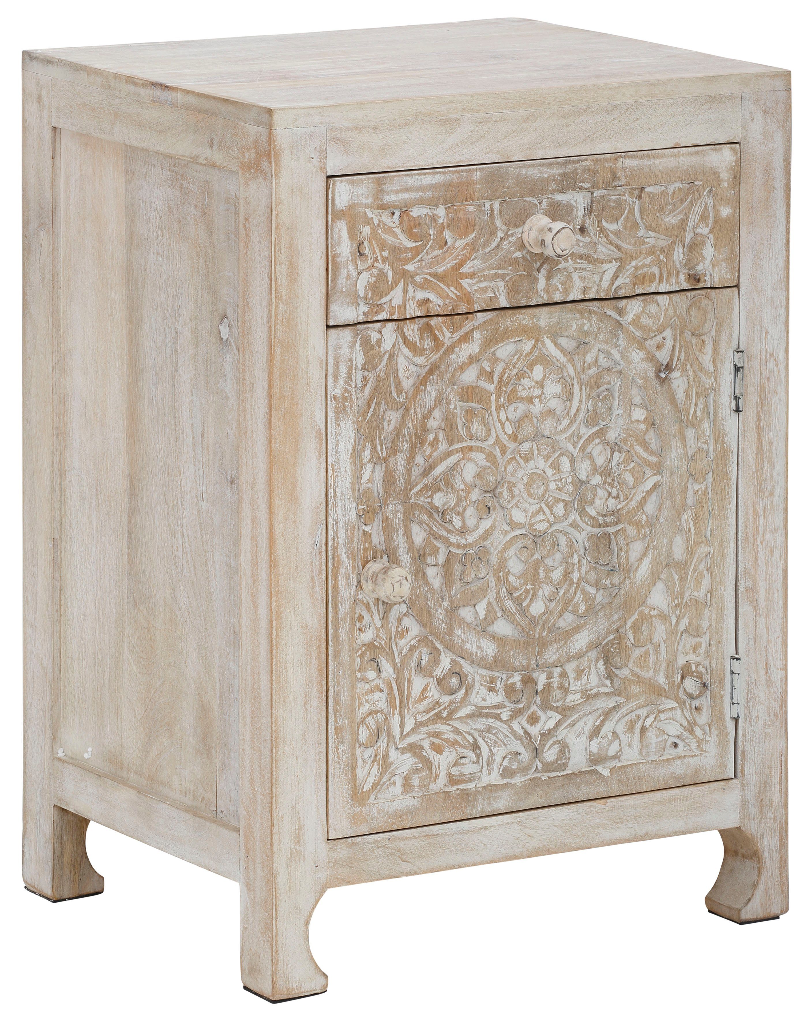 OTTO home Nachtkommode Bonstetten, pflegeleichtes Mangoholz, mit dekorativen Schnitzereien, Breite 50 cm