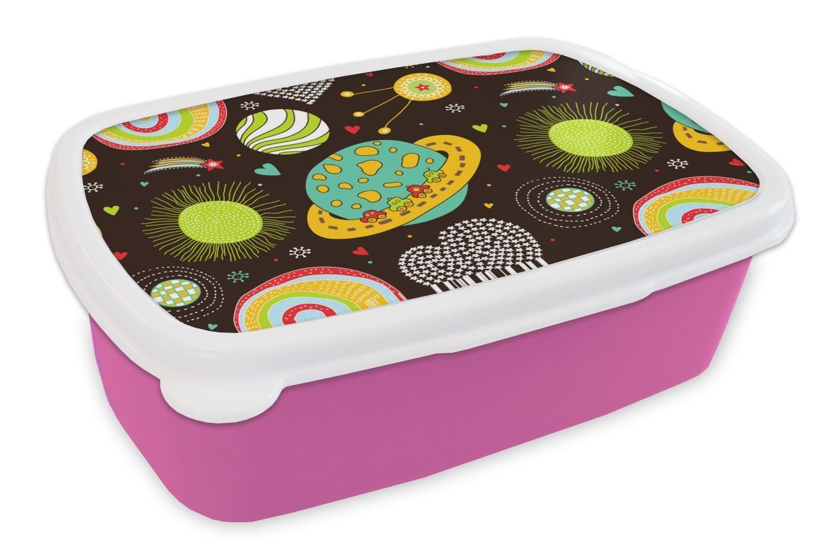 MuchoWow Lunchbox Muster - Weltraum - Planeten - Jungen - Kinder - Kinder, Kunststoff, (2-tlg), Brotbox für Erwachsene, Brotdose Kinder, Snackbox, Mädchen, Kunststoff rosa