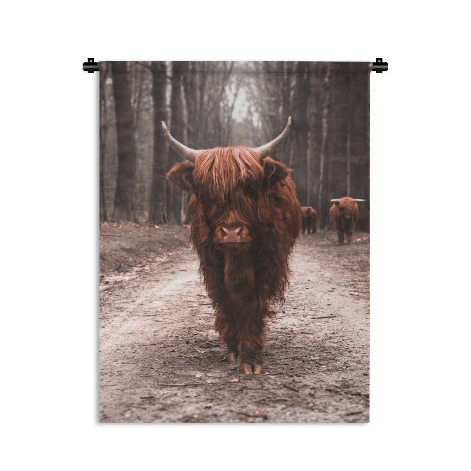 MuchoWow Wanddekoobjekt Schottischer Hochländer - Wald - Kuh - Tiere - Natur, Wandtuch für Wohnzimmer, Schlafzimmer, Tapisserie, Wandbehang, Kleid