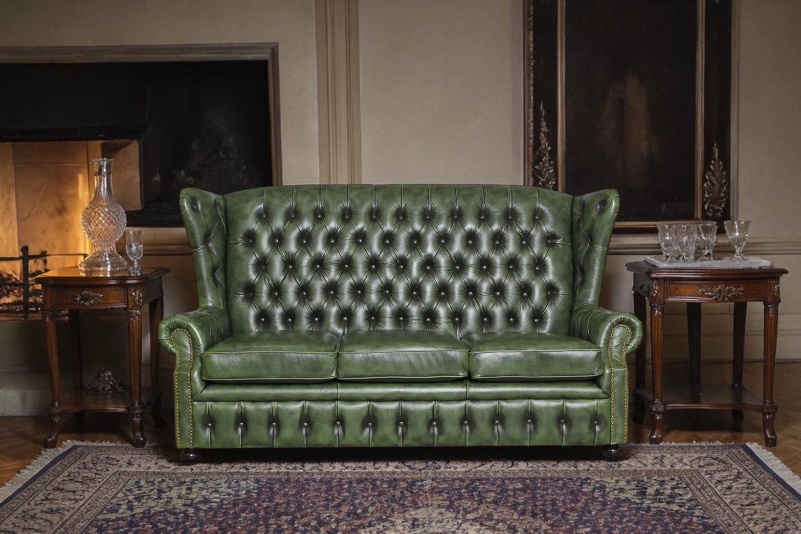 Salottini Chesterfield-Sofa 3er Sofa Chesterfield 3-Sitzer Couch Nora VOLLLEDER grün, Handarbeit