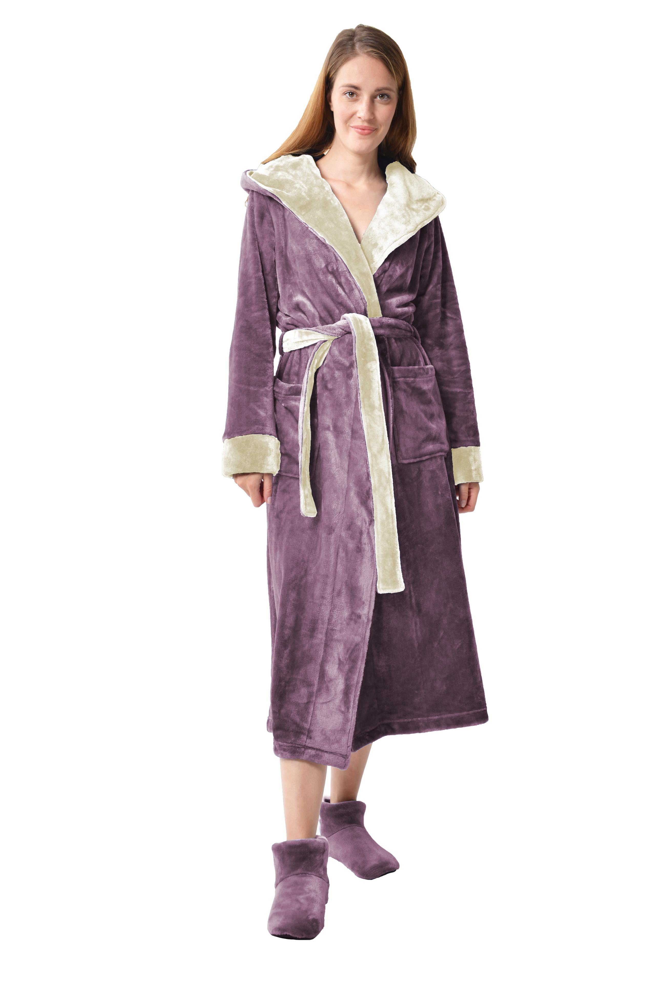 RAIKOU Bademantel warme Unisex-Bademantel Damen Herren Sanamantel Morgenmantel, Unterschenkel, 100% Polyester, Kapuze, Gütel, mit Kapuze und Gütel,super flauschig leicht und weich