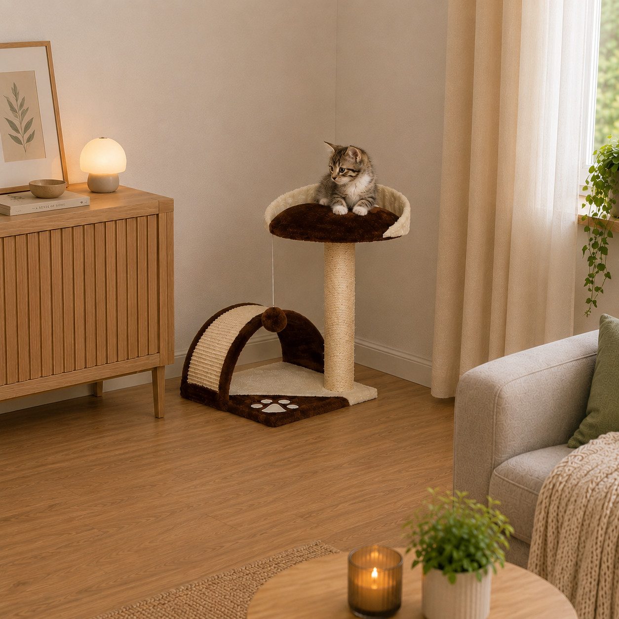 belviona Kratzbaum, platzsparender Katzenkratzbaum mit Ruheplattform, braun/beige, mit Sisal-Kratzflächen & Spielzeug, kompakt für Katzen jeden Alters