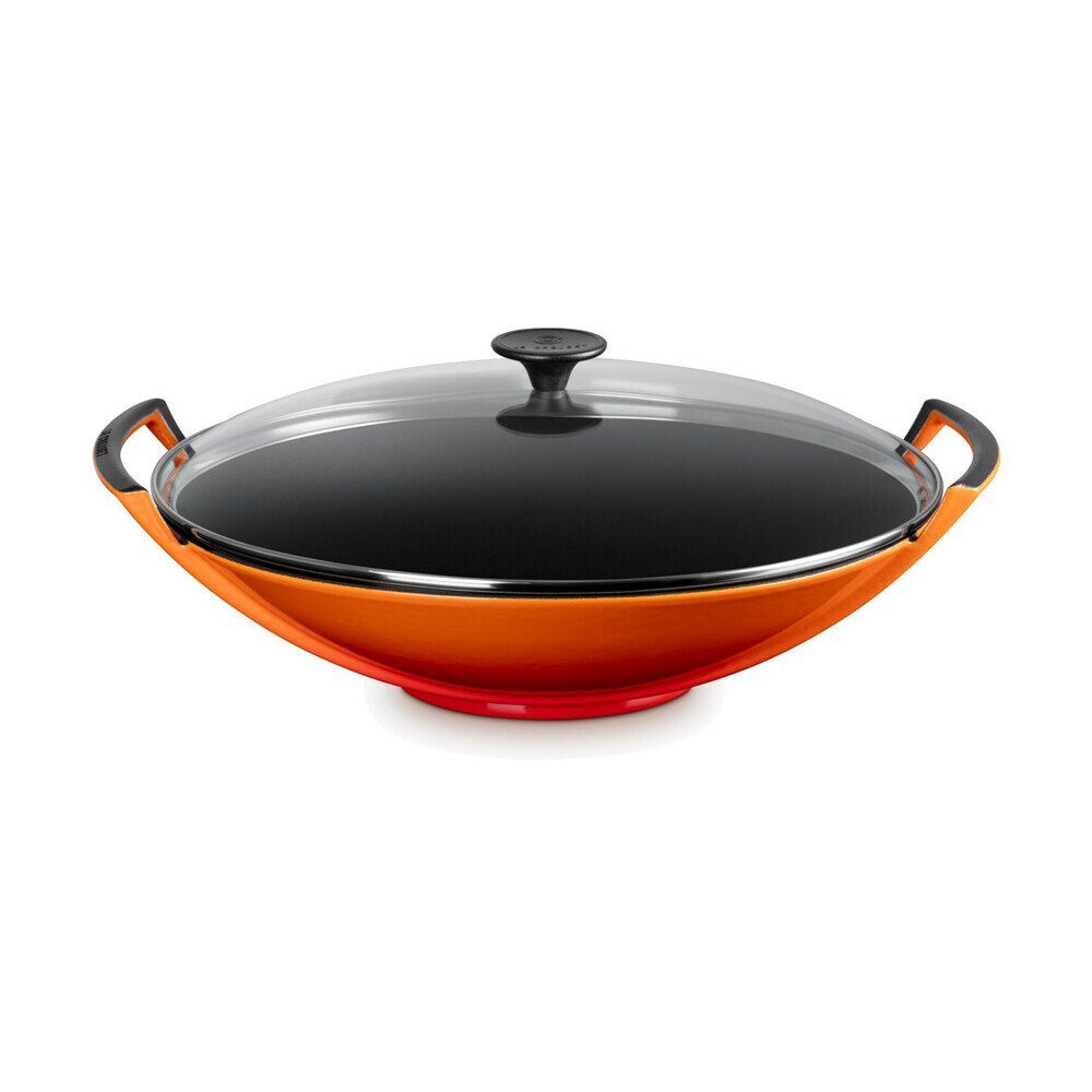 LE CREUSET Wok Wok mit Glasdeckel 36 cm Ofenrot, 4,5l, Gusseisen, emailliert, rot, Handreinigung, backofengeeignet