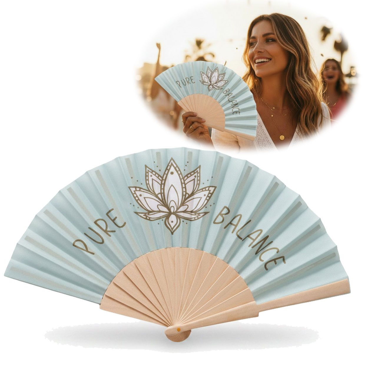 LS-LebenStil Handfächer Holz Stoff Fächer "PURE BALANCE" Bali Blau Grau faltbar Faltfächer, (hochwertig aus Holz mit Stoff und coolem lustigem Spruch, 1-tlg., Styliche Abkühlung), für Geburtstag, Hochzeit, Party oder als Wand Dekoration