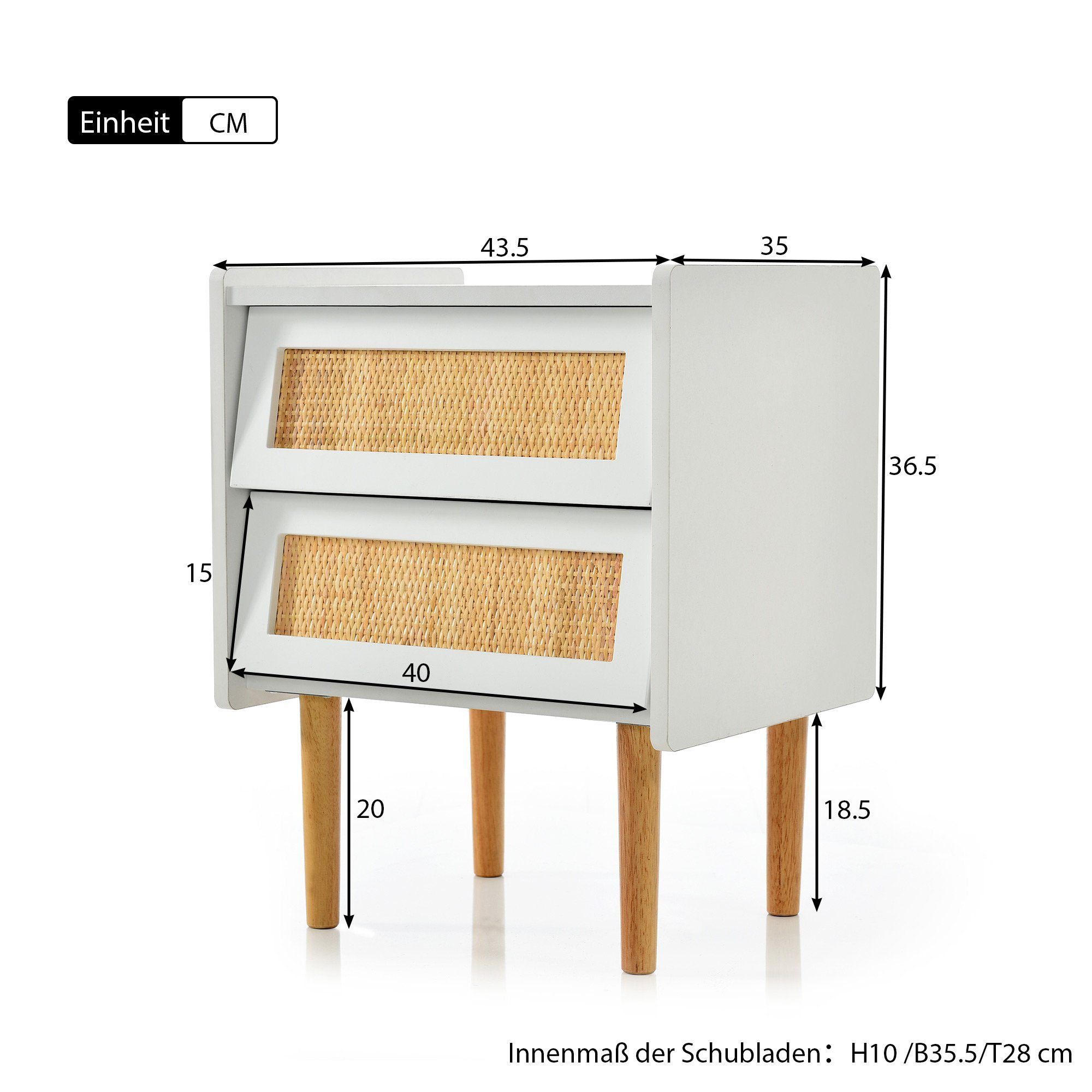 Nachttisch (1-St., Beistelltisch Nchtkommode), Nachtschrank mit 2 Schubladen, aus Rattan & Massivholz, 55x43.5x35 cm