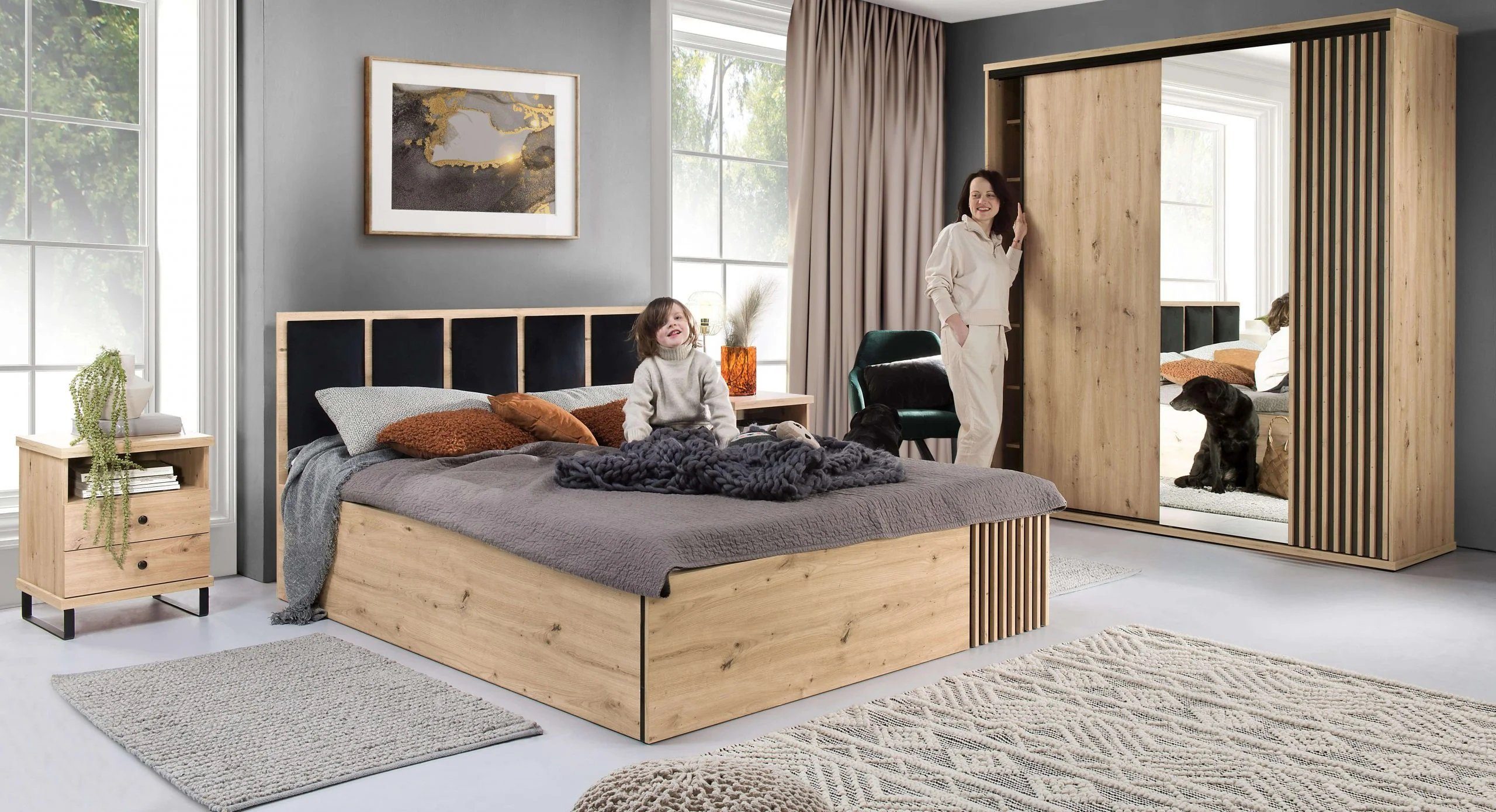 Stylefy Bettgestell Callas Eiche Artisan Dekor (Schlafzimmerbett, Bett),  160x200 cm, mit Lattenrost, ohne Matratze, Modern Design