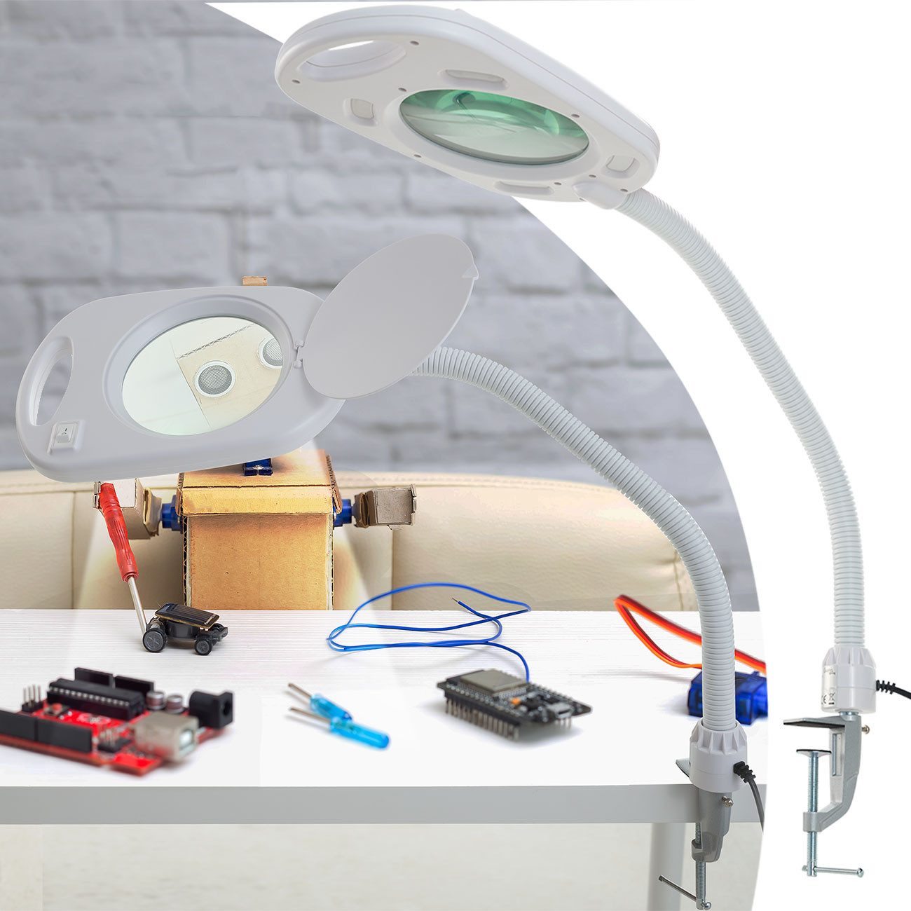 Casativo Lupenlampe LED-Lupenleuchte (5x Vergrößerung) mit Klemme & flexiblem Gelenkarm, 4 x 3 LEDs für eine gleichmässige Ausleuchtung