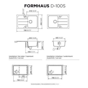 Schock Granitspüle Schock Cristalite Formhaus D-100 S U Croma GCR Exzenterbedienung, 86/50 cm