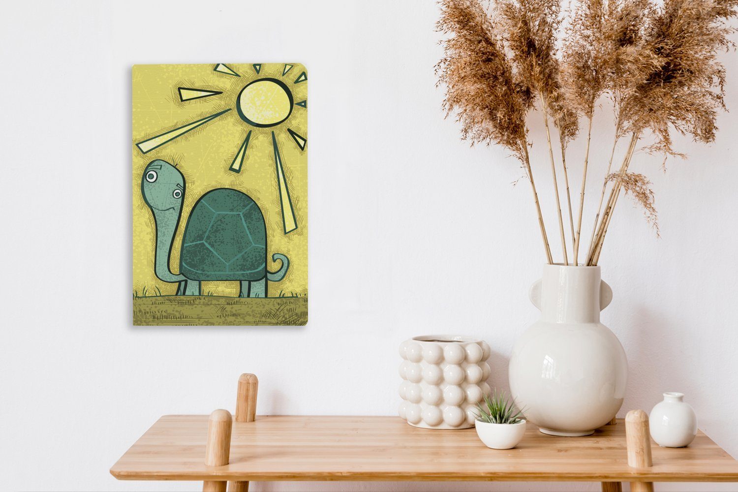 Illustration Schildkröte in OneMillionCanvasses® Leinwandbild cm einer Zackenaufhänger, Gemälde, inkl. 20x30 fertig Leinwandbild Sonne, bespannt St), der grünen (1