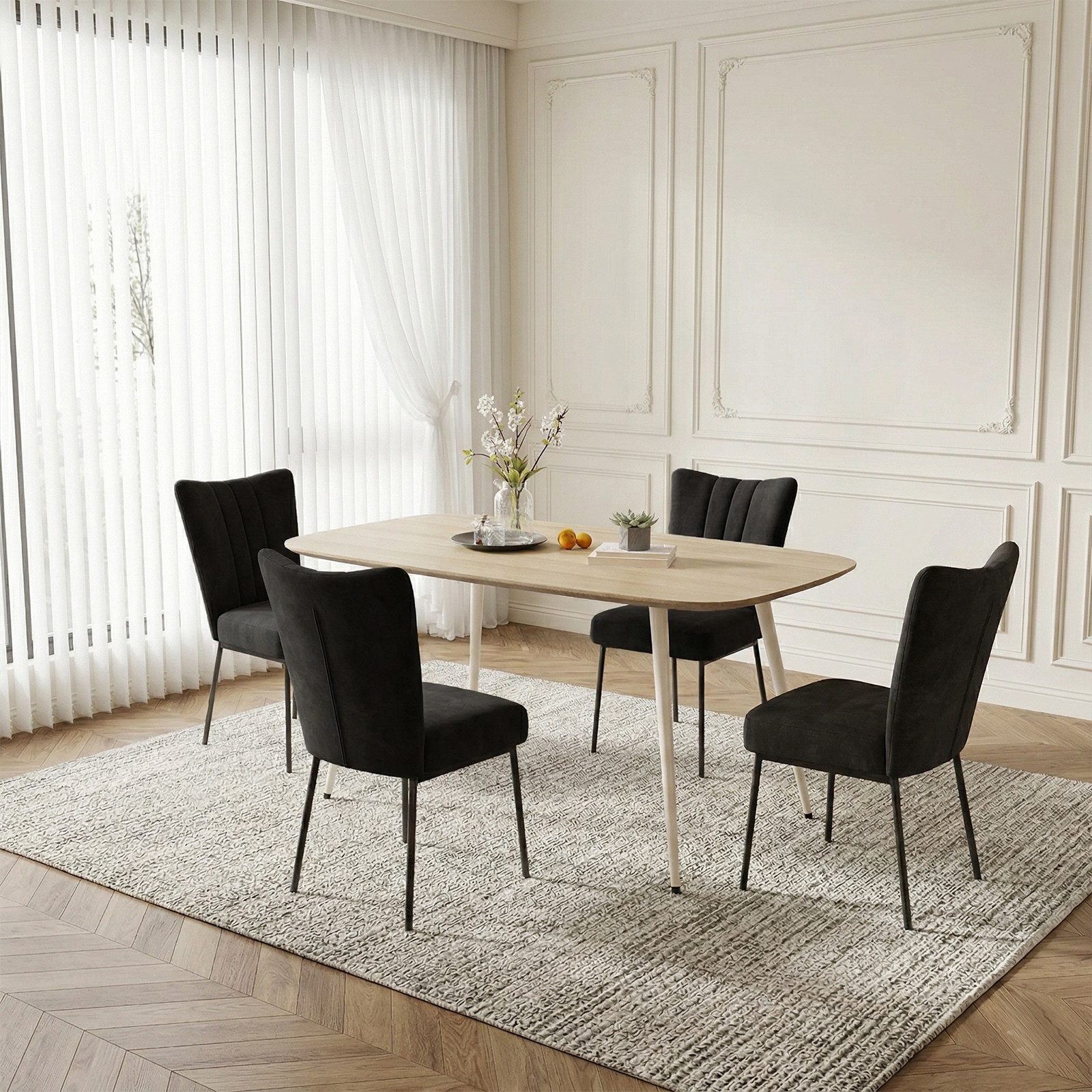 Jiexi Essgruppe Esstisch Set 5-teilig 120x69 MDF Eichenoptik Kombi mit Samt Stühlen