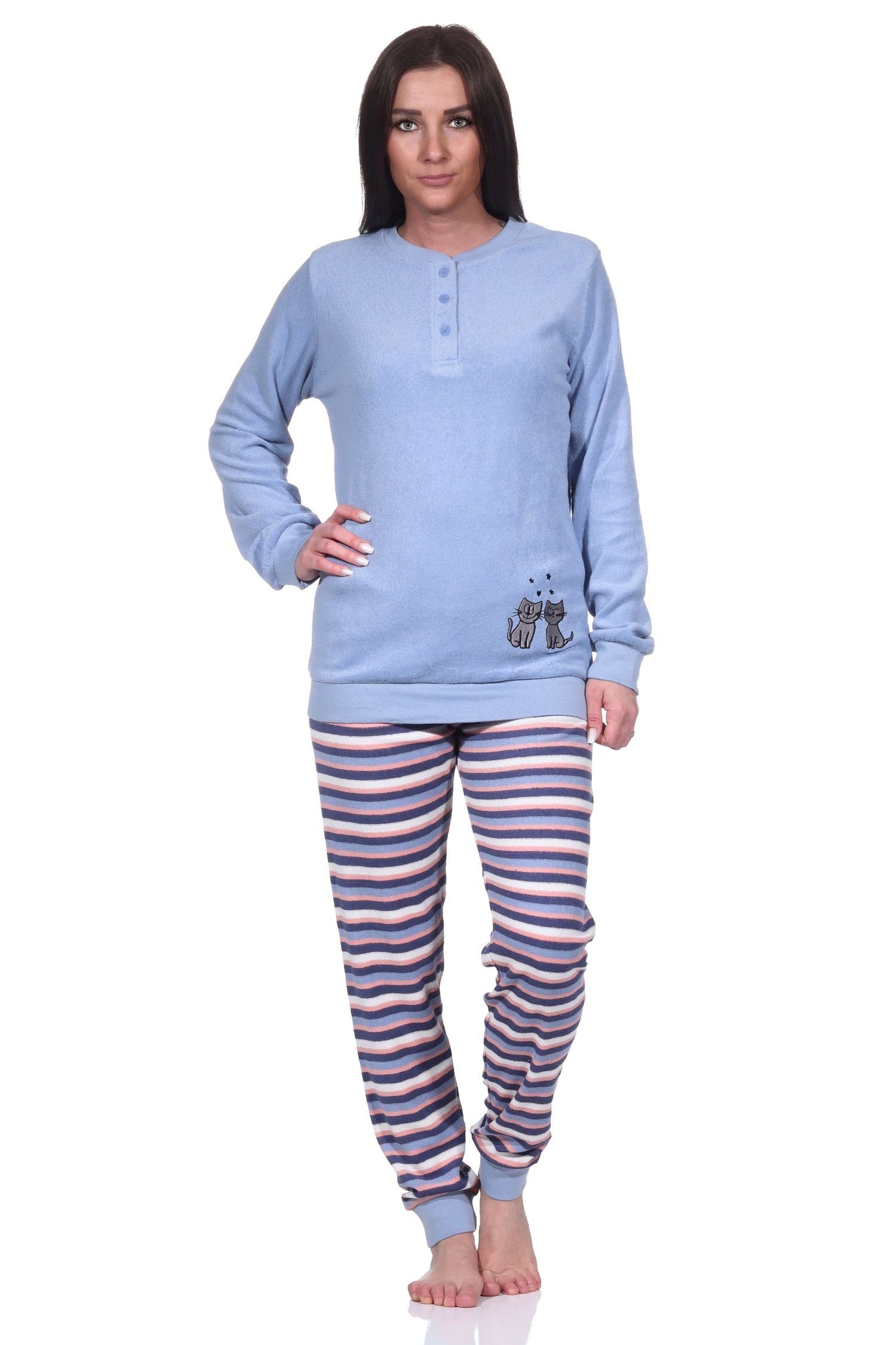Normann Pyjama Damen Frottee Pyjama, Schlafanzug langarm mit süßem Katzen-Motiv hellblau