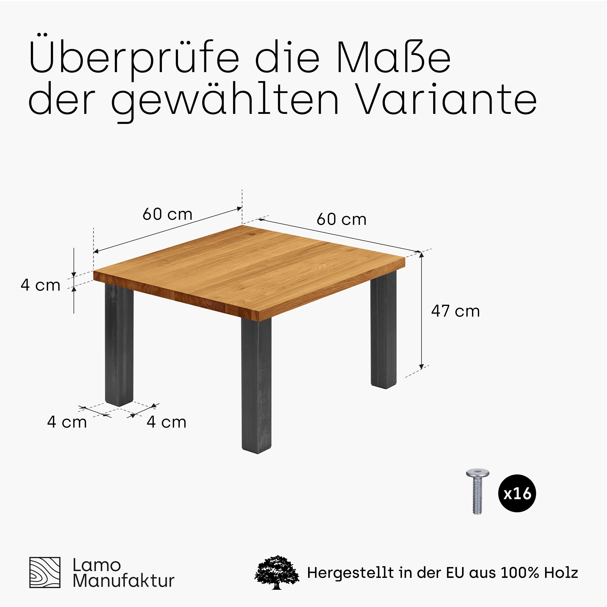 LAMO Manufaktur Rustikal Kante inkl. | Metallgestell Esstisch gerade Tischplatte Classic Massivholz (1 Küchentisch Tisch), Rohstahl Klarlack mit