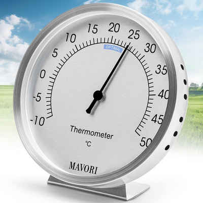 MAVORI Raumthermometer analog aus Edelstahl präzise und stilvoll - Ø 9,5cm, batteriefreier Betrieb (Bi-Metall)