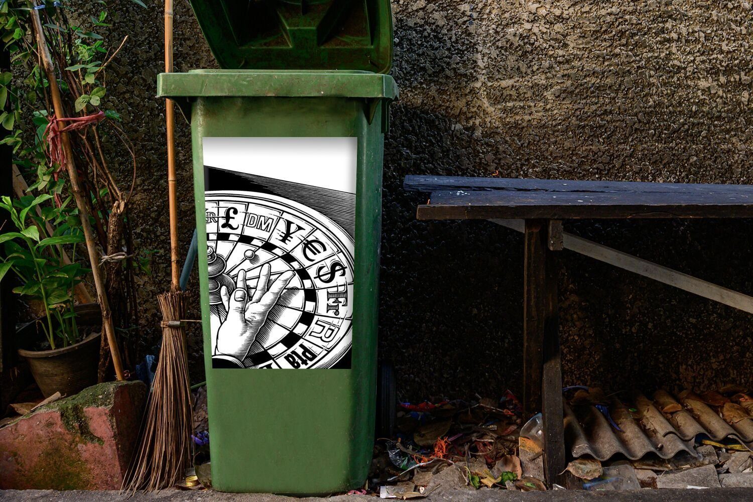 MuchoWow Wandsticker Eine Illustration St), eines (1 russischen Rubel Geldrades dem Mülltonne, Container, Mülleimer-aufkleber, Abfalbehälter wie Sticker