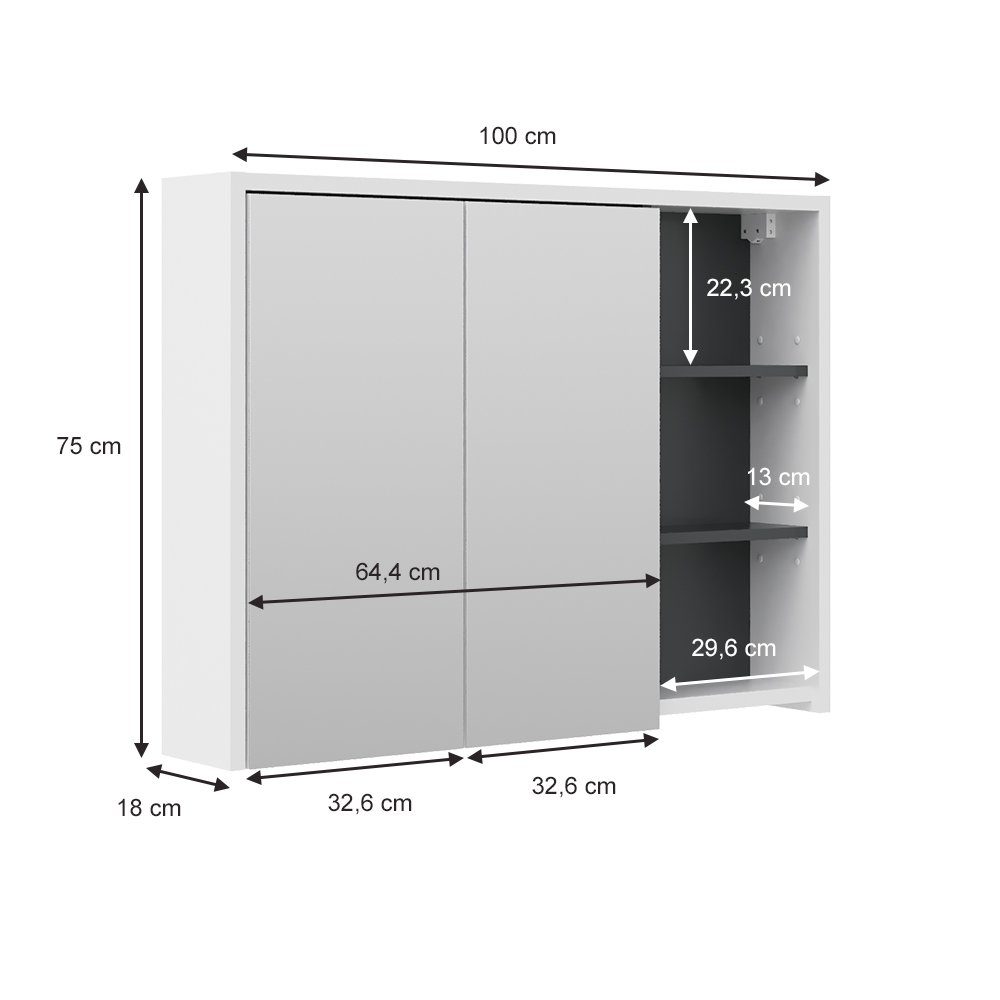 Vicco Badezimmerspiegelschrank Viola, Anthrazit/Weiß, 100 x 75 cm (1-St)
