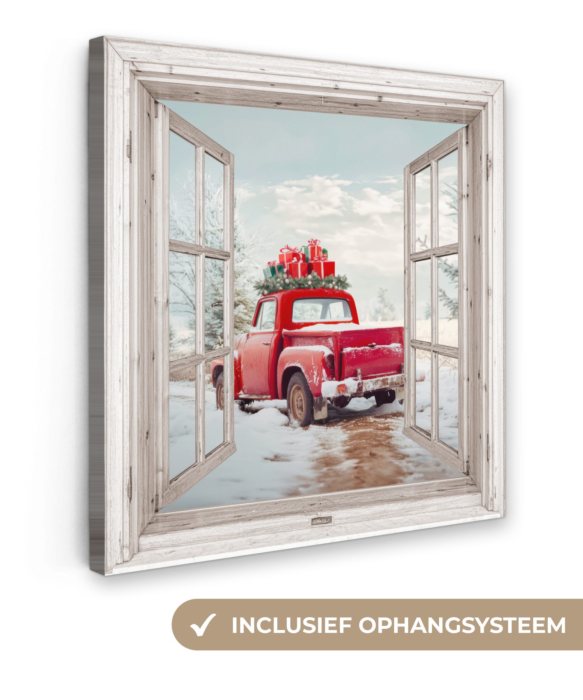 OneMillionCanvasses® Leinwandbild Auto - Rot - Winter - Weihnachten - Fenster, Fotodruck (1 St), Wandbild, Deko Schlafzimmer Wohnzimmer Flur 20x20 cm