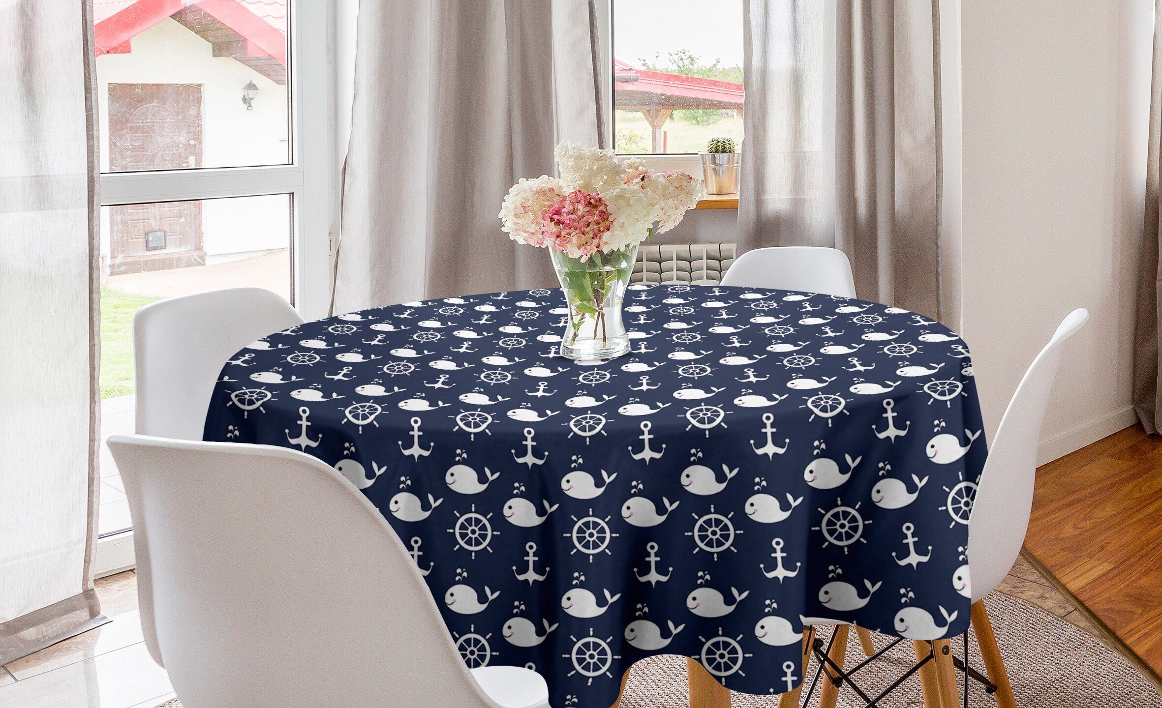 Abakuhaus Tischdecke Kreis Tischdecke Abdeckung für Esszimmer Küche Dekoration, Navy blau Maritime Anchor Wal