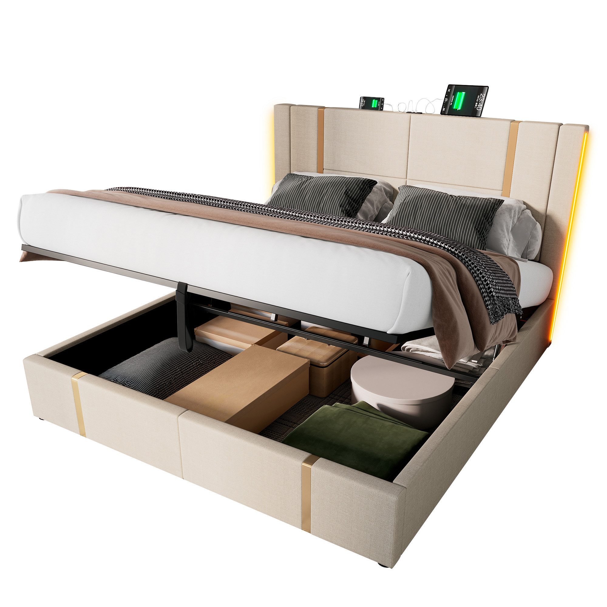 Flieks Polsterbett, LED Hydraulisches Stauraumbett mit günstig online kaufen