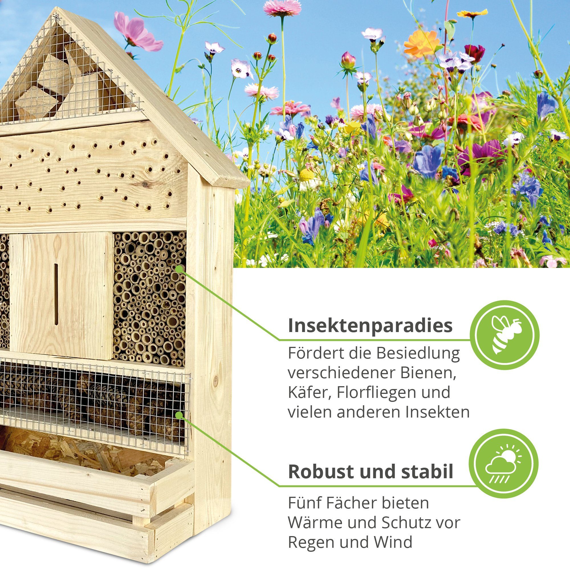 gartenetage Insektenhotel zum Aufhängen XXL mit Pflanzenbalkon, Naturbelassenes Insektenhaus & Bienenhotel/ Insektenhotel Groß