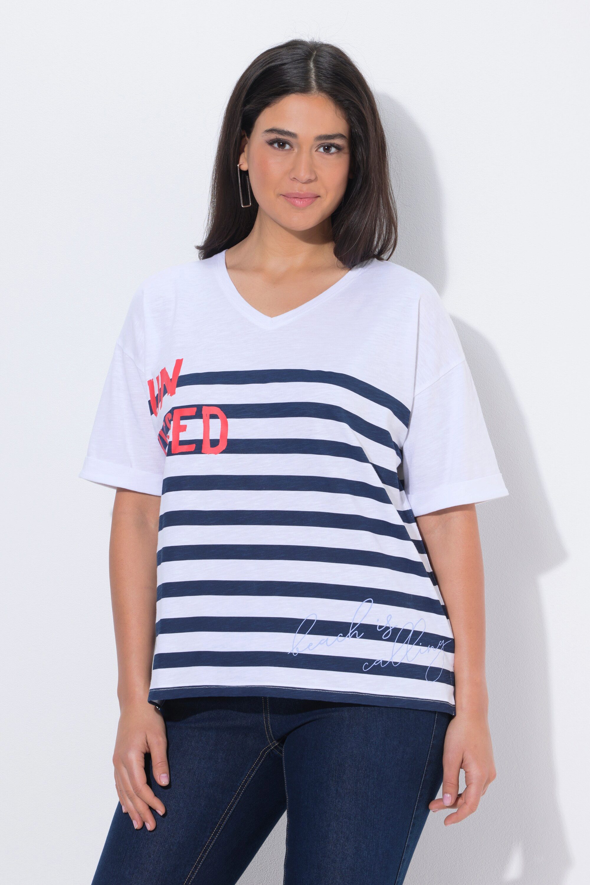 Ulla Popken T-Shirt T-Shirt Sun Kissed Oversized V-Ausschnitt Halbarm günstig online kaufen