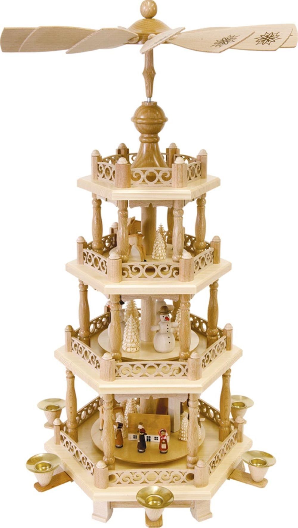 Richard Glaesser Weihnachtspyramide Pyramide Kirchdorf mit Schneemännern natur 3-stöckig, Höhe 57 cm, Handwerkskunst original Erzgebirge