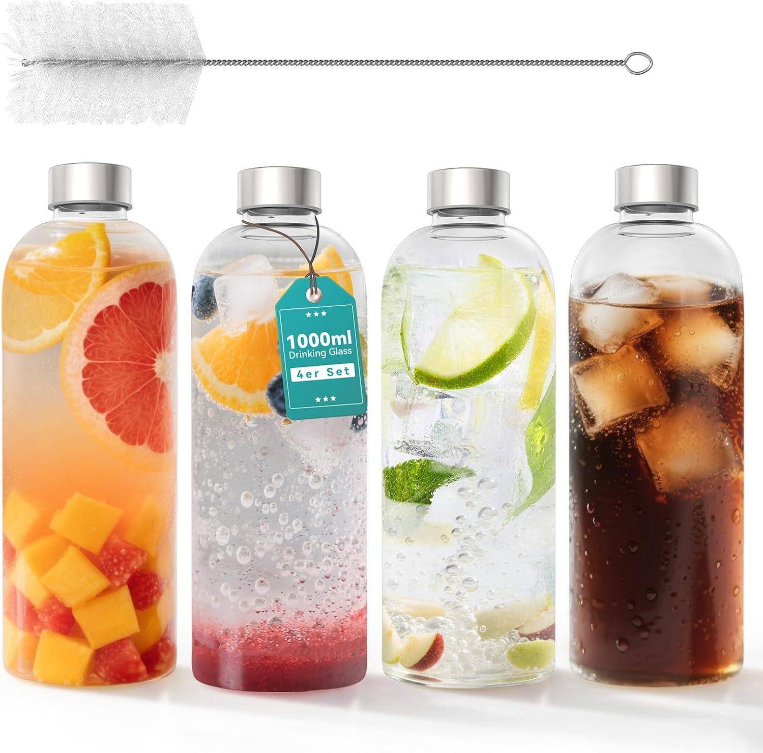 FELIXLEO Trinkflasche 4er Set Glas Trinkflaschen 1000ml Borosilikat Edelstahl Deckel