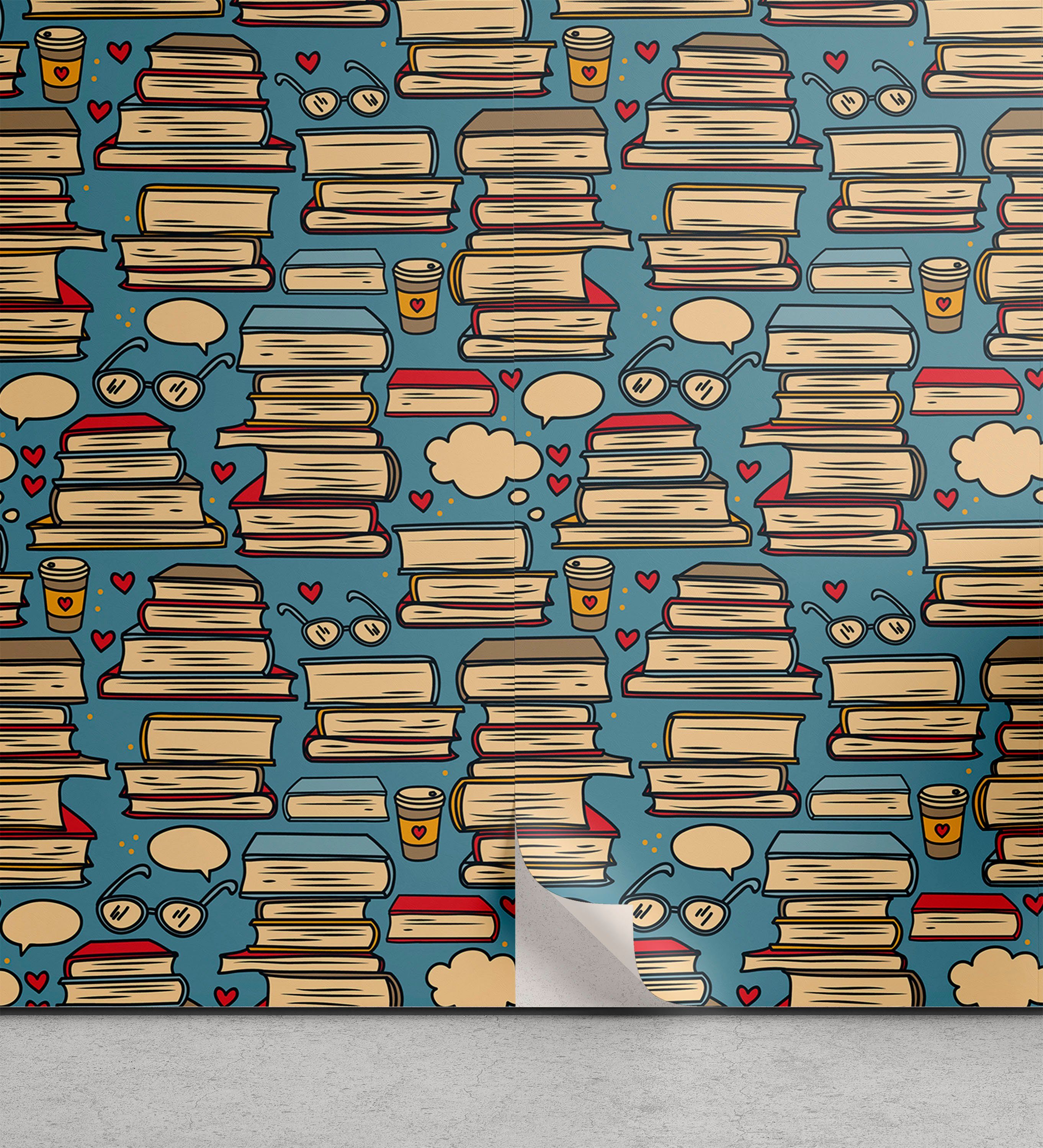 Abakuhaus Vinyltapete selbstklebendes Wohnzimmer Küchenakzent, Geek Stapel Bücher Kaffee