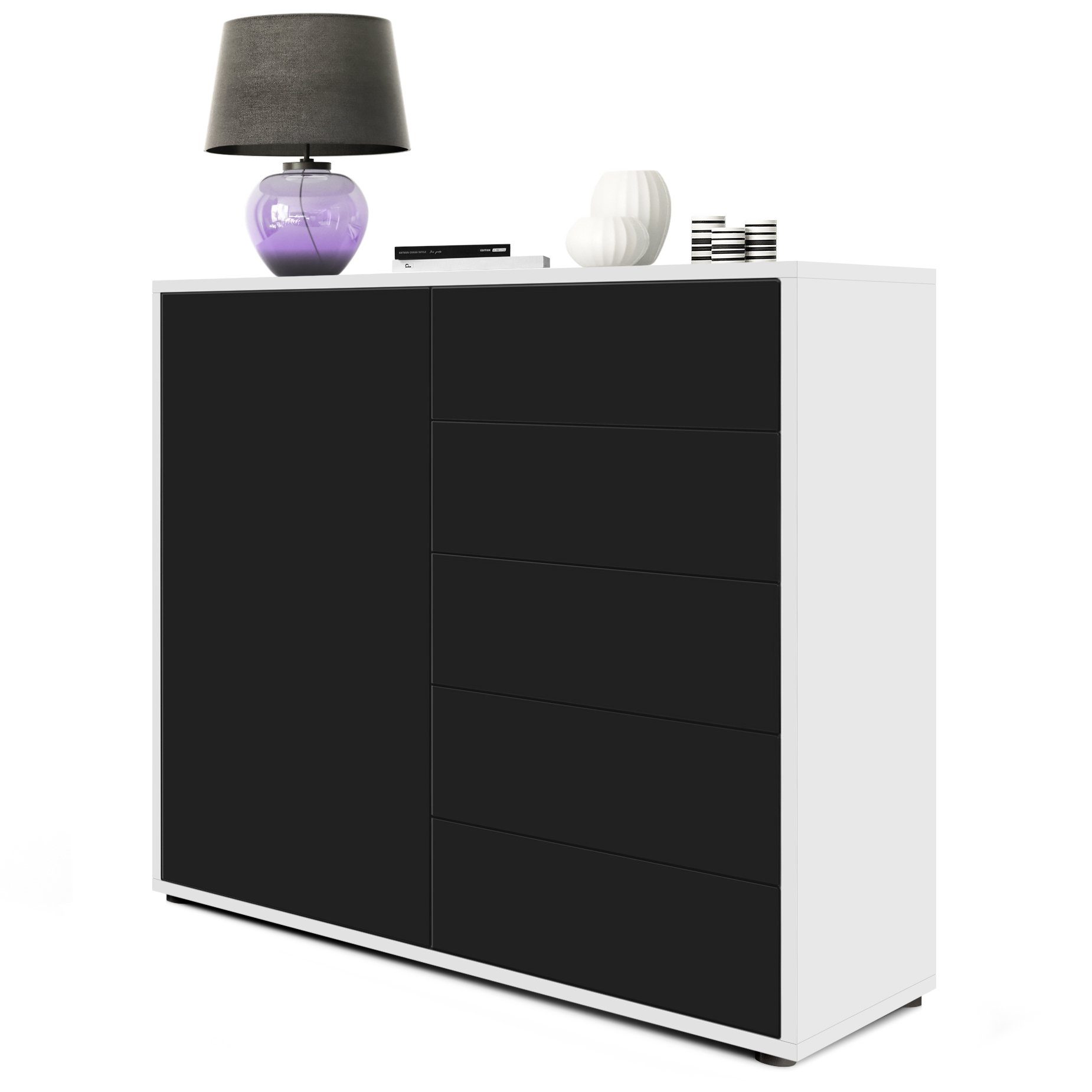 Vladon Kommode Ben V2 (Kommode, mit 1 Tür und 5 Schubladen), Weiß Hochglanz/Schwarz matt (79 x 74 x 36 cm)